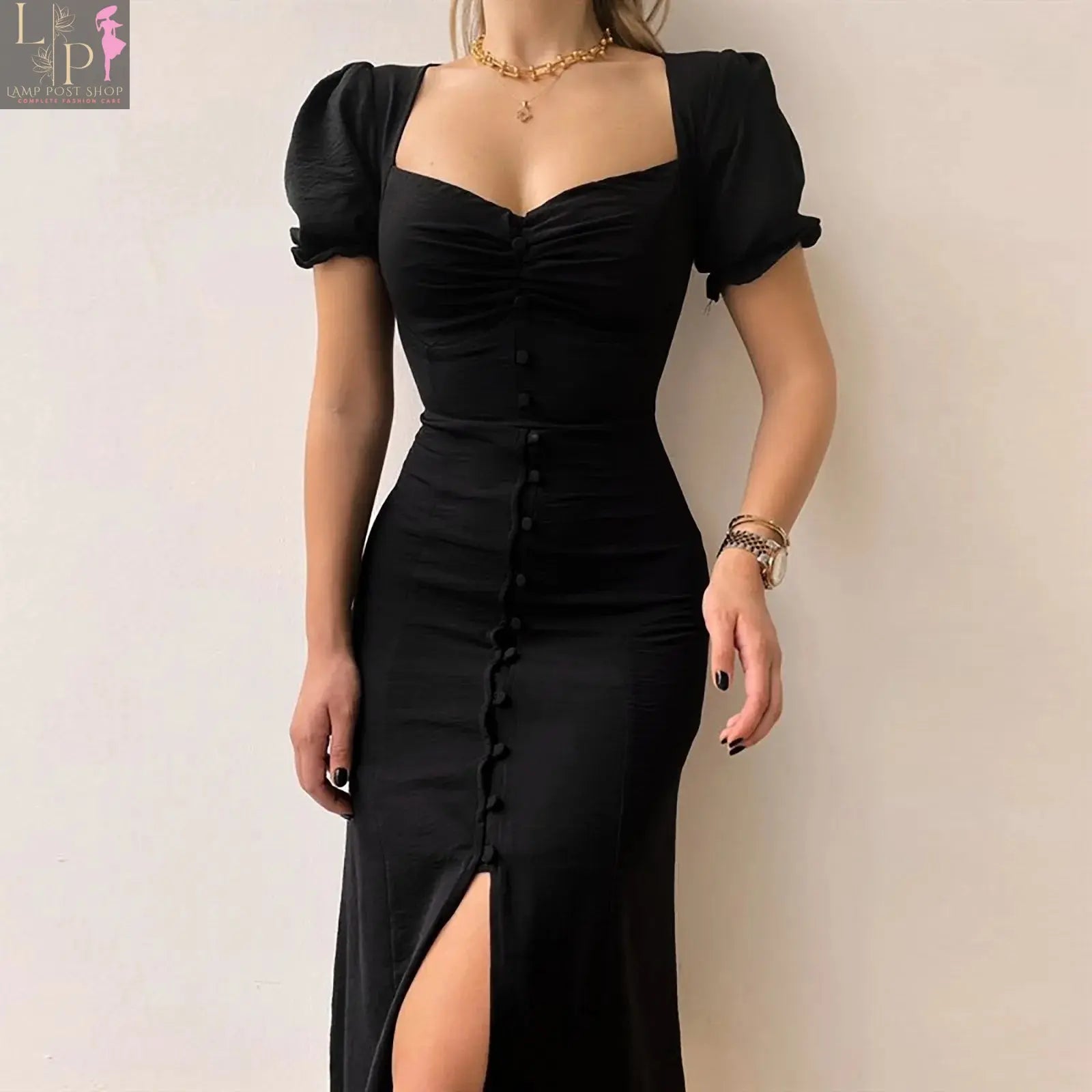 Blue women's maxi dress by Lamp Post with V-neck, hip wrap, single breasted design, A-line shape, high slit, suitable for office and daily wear.