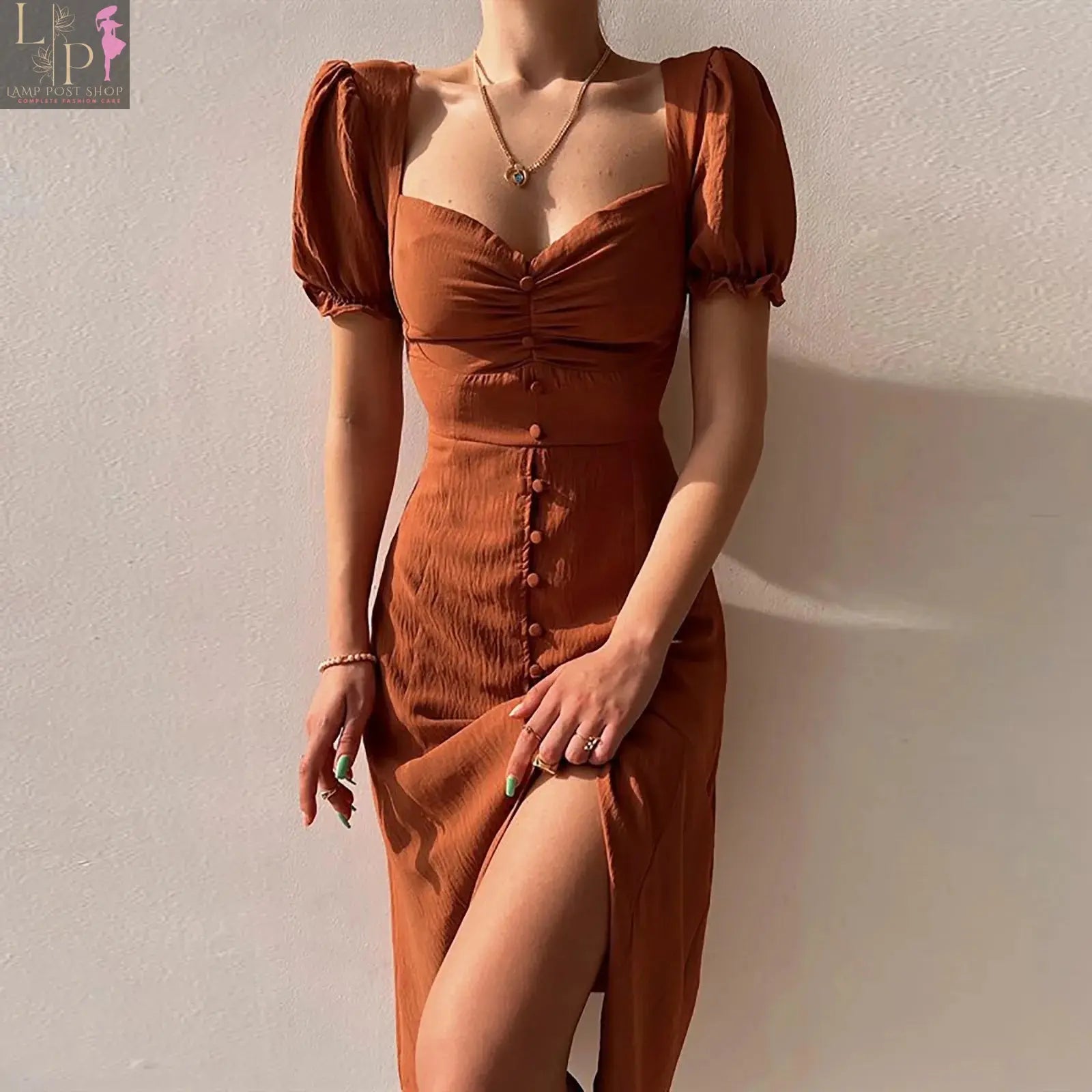 Blue women's maxi dress by Lamp Post featuring V-neck, single-breasted, A-line silhouette, hip wrap, and high slit for office or daily wear.