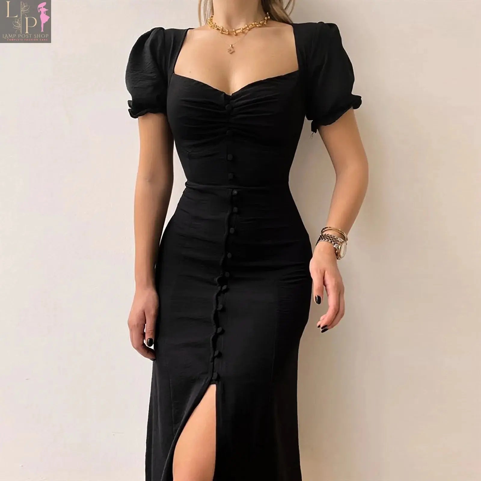 Blue Lamp Post maxi dress with slit, flowing clothing with adjustable straps, perfect for casual or formal wear.