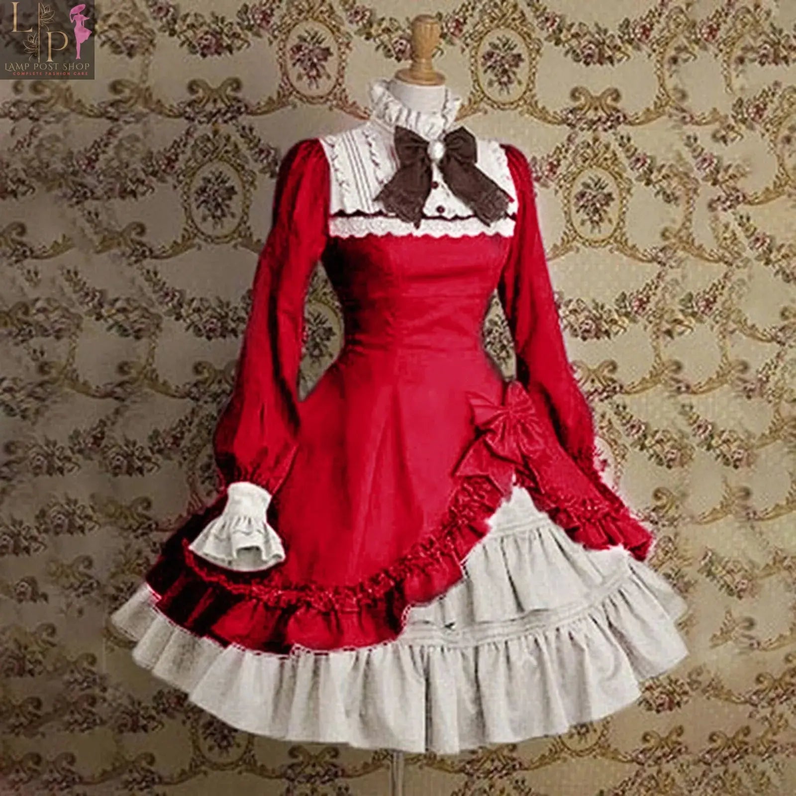 Blue Gothic Lolita dress for women, with lace and ruffles, featuring a cute maid-inspired design from Lamp Post clothing.