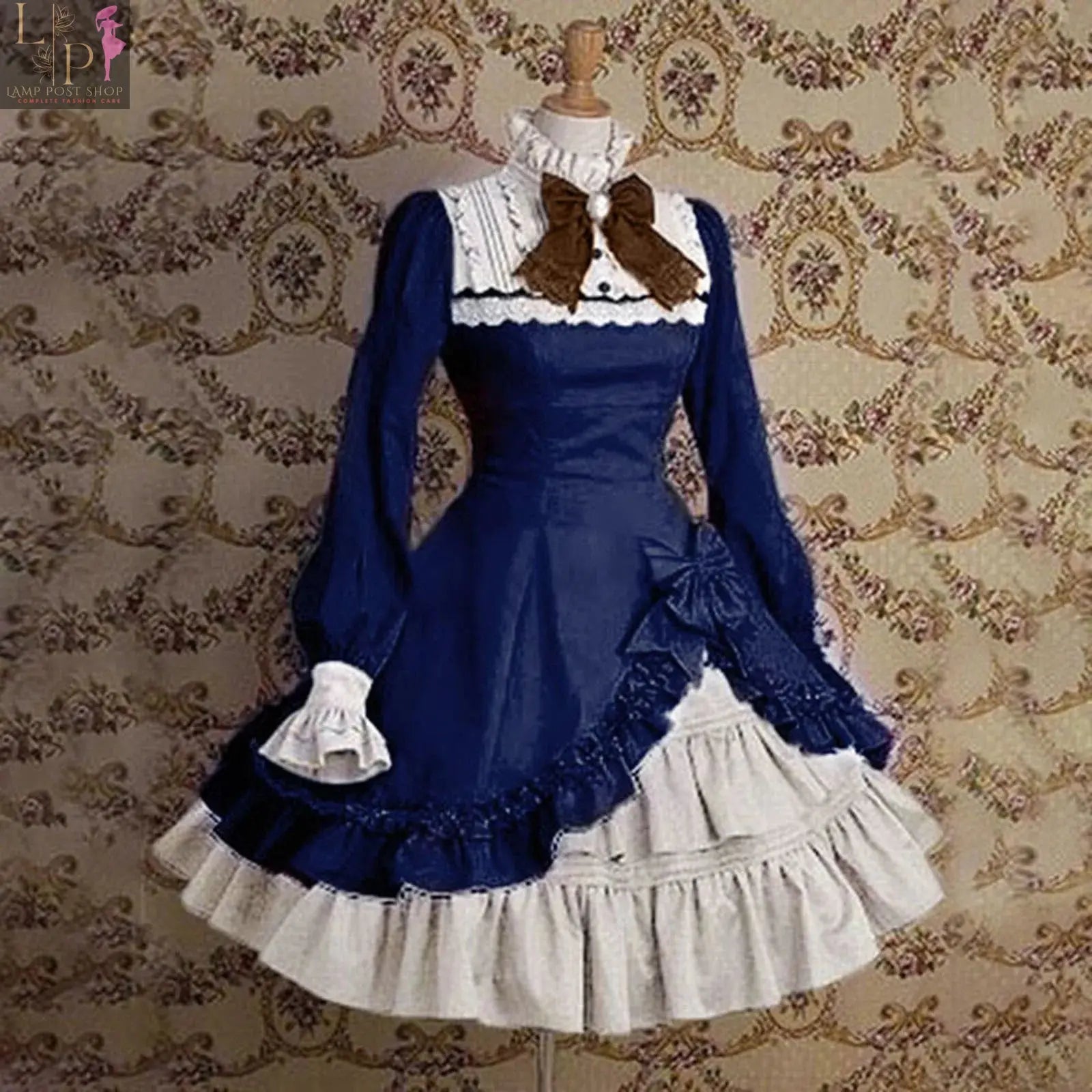 Blue Gothic Lolita dress for women by Lamp Post featuring lace details, ruffled skirt, and elegant maid-inspired design for cosplay or parties.