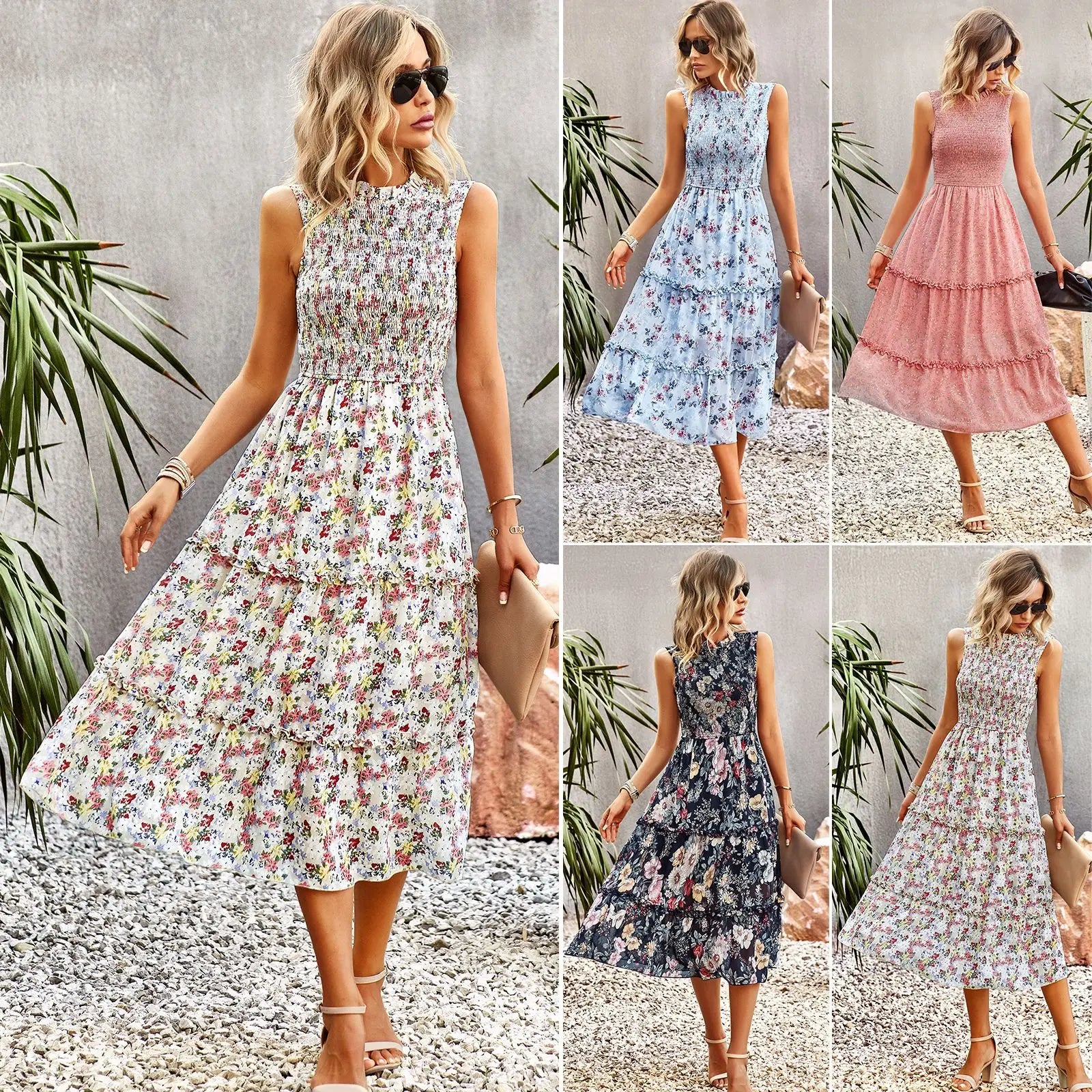 Light blue Lamp Post women's sleeveless summer dress hanging on a rack, perfect for warm weather.