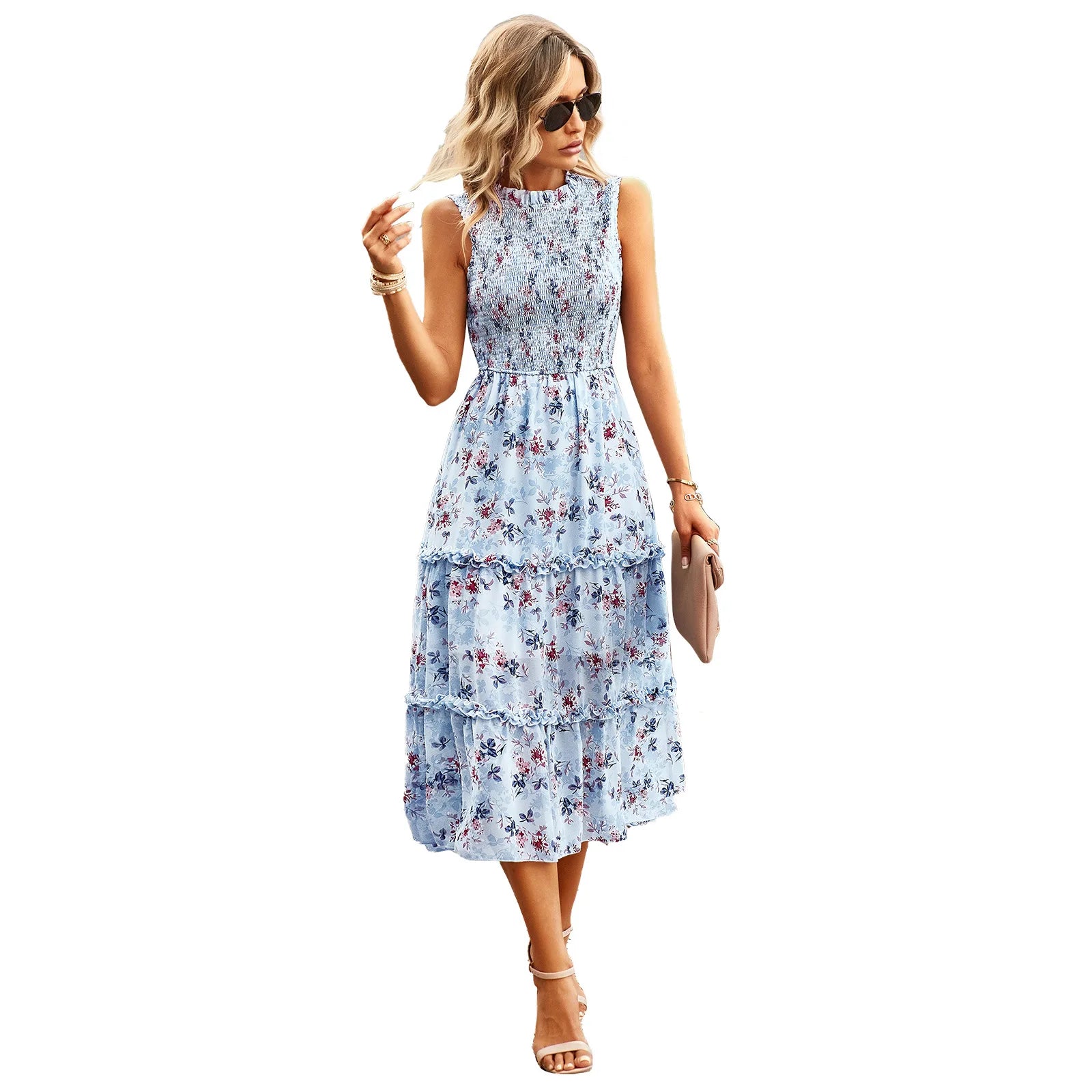 Light blue women's sleeveless summer dress by Lamp Post, showcased on a hanger with a flowy fabric and casual style.