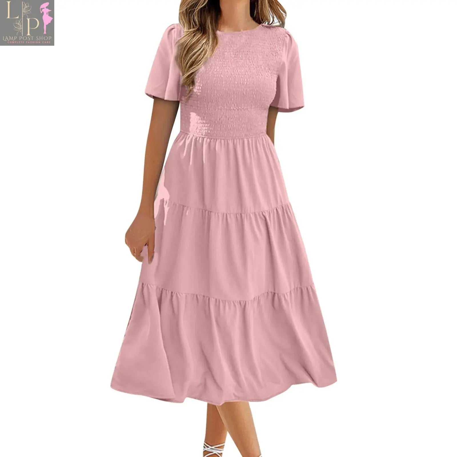 Green casual summer dress for women by Lamp Post, short flutter sleeves, V-neck, midi length, perfect for warm weather.