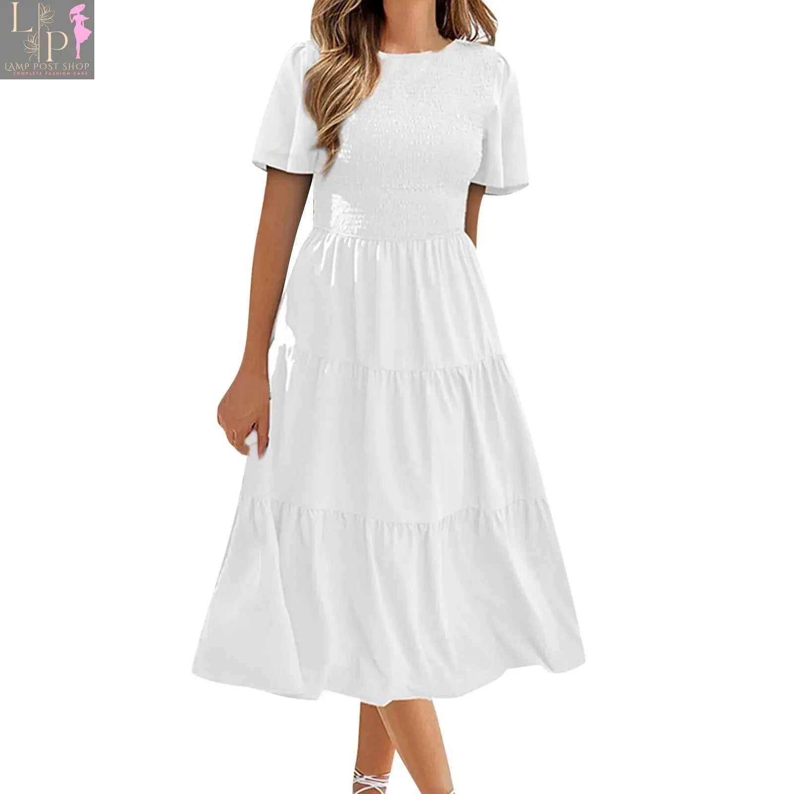 Lamp Post green summer dress for women, casual midi dress with flutter short sleeves and V-neck, perfect for warm weather.