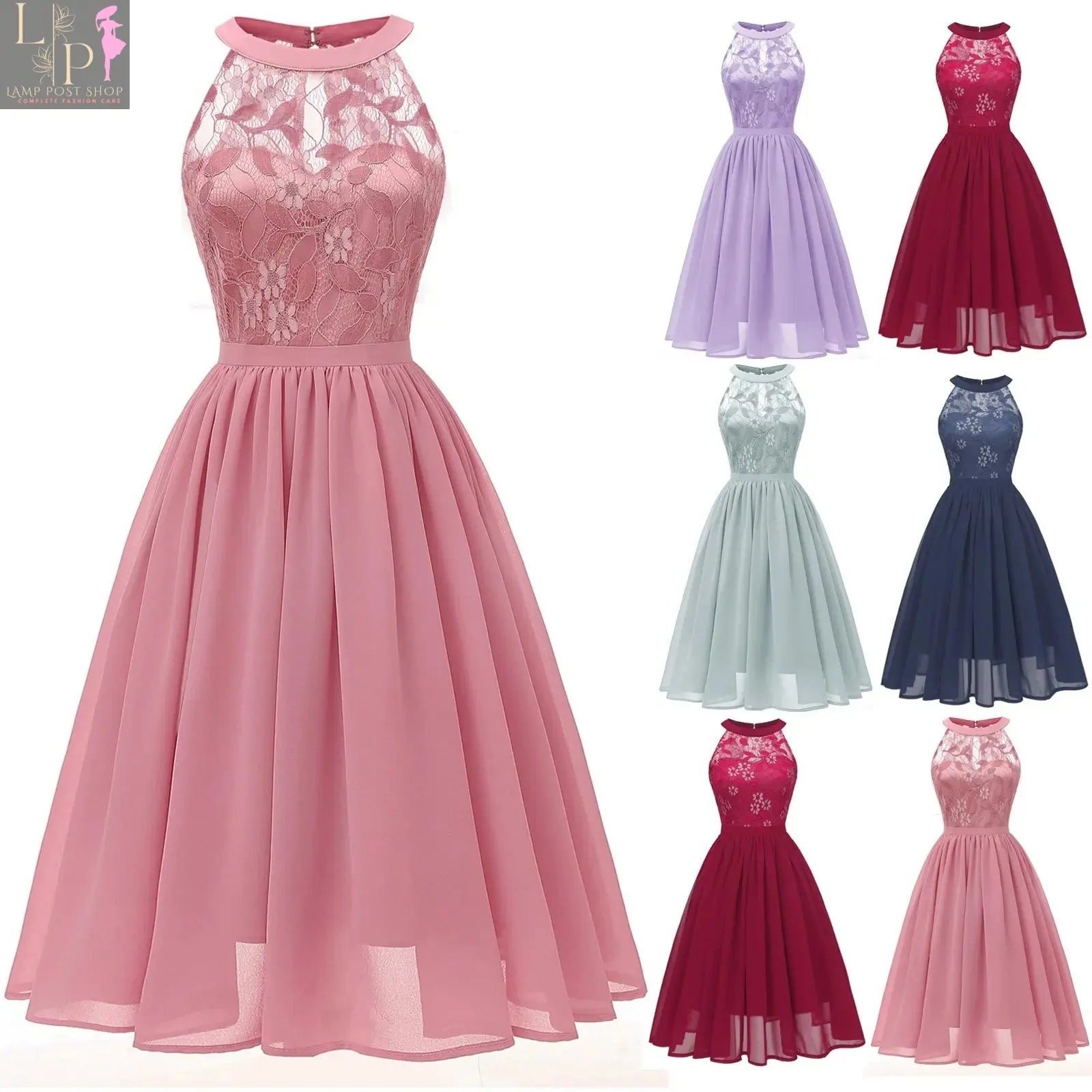 Elegant grey Lamp Post formal cocktail dress with lace patchwork, chiffon fabric, sleeveless halter neck, knee-length swing style for weddings.