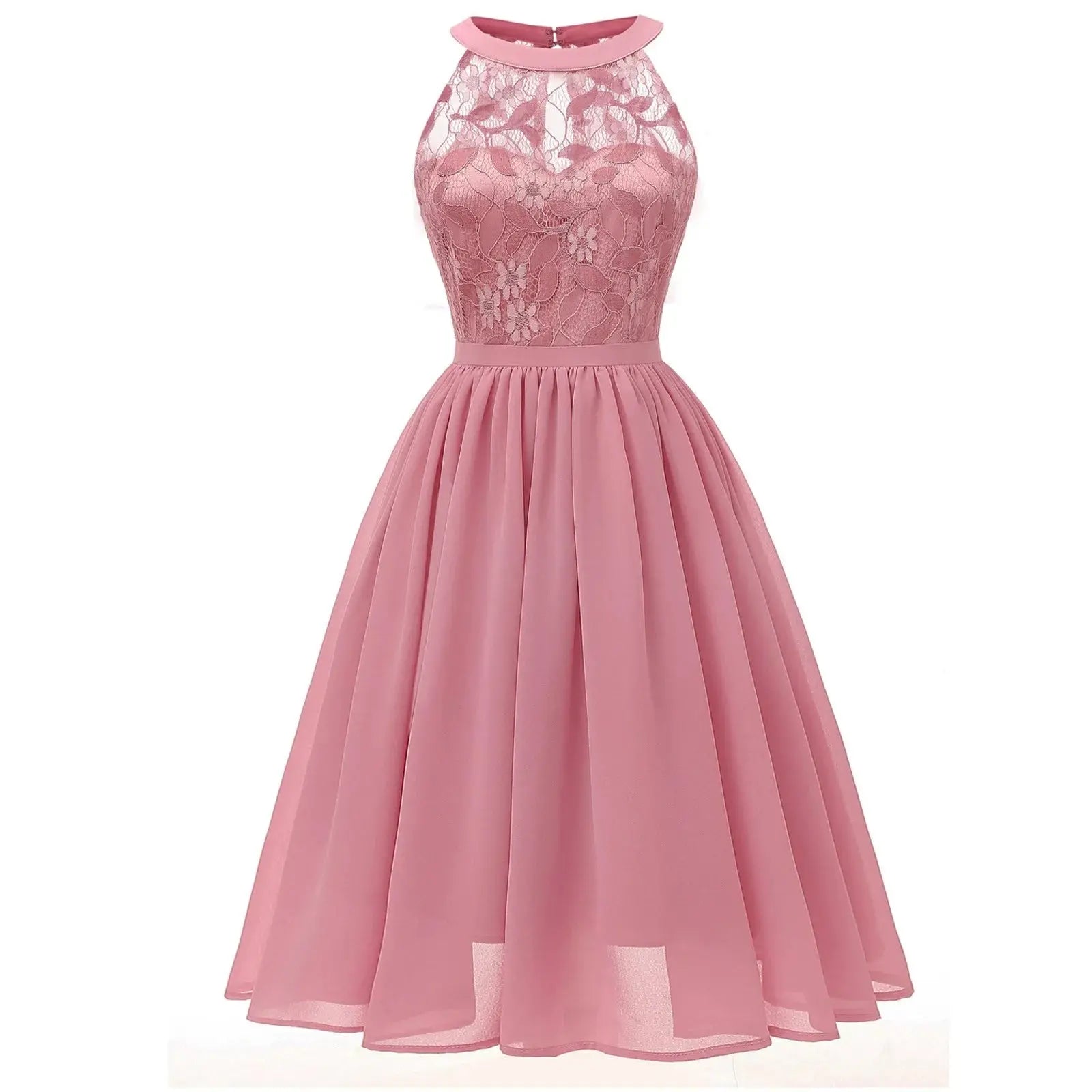 Grey Lamp Post elegant formal cocktail dress with lace patchwork, chiffon fabric, sleeveless halter design, knee-length swing style.
