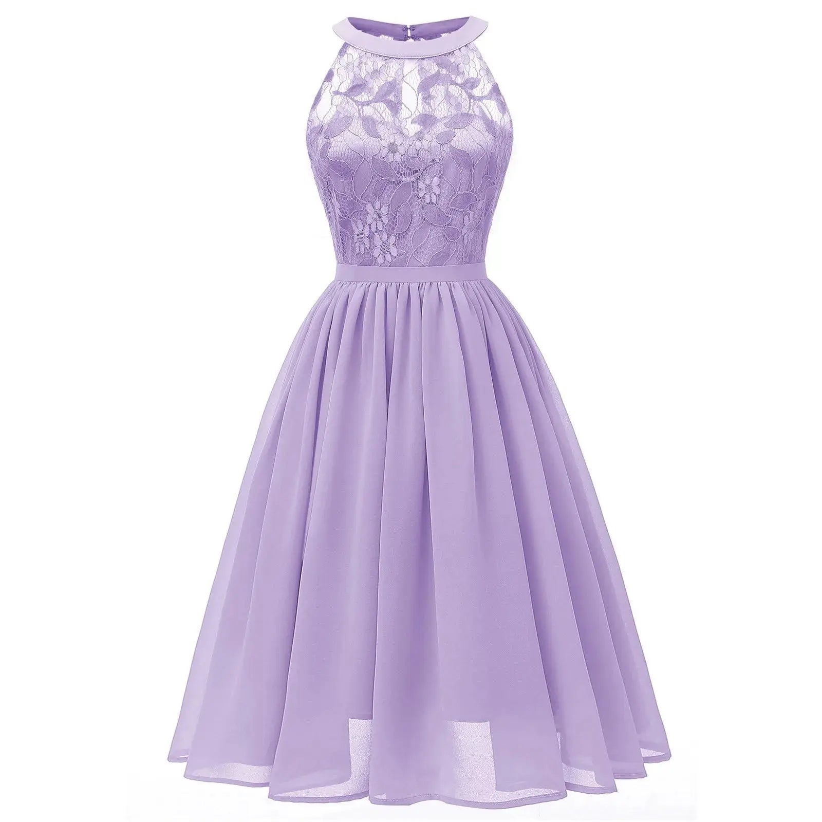 Elegant grey Lamp Post lace patchwork chiffon cocktail dress, sleeveless halter, knee-length swing style for wedding guests.