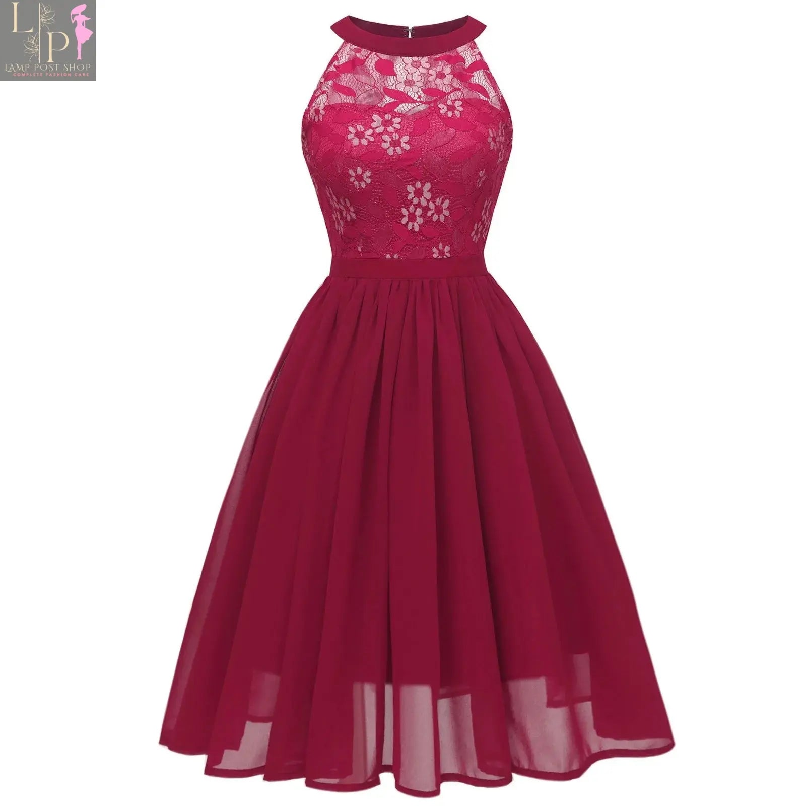 Elegant Lamp Post formal cocktail lace patchwork chiffon wedding guest dress, sleeveless halter, knee-length, summer swing dress.