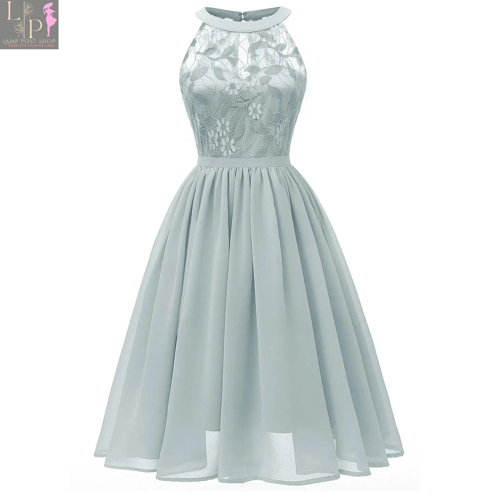 Lamp Post elegant grey cocktail dress with lace patchwork, chiffon fabric, sleeveless halter design, knee-length swing style for wedding guests