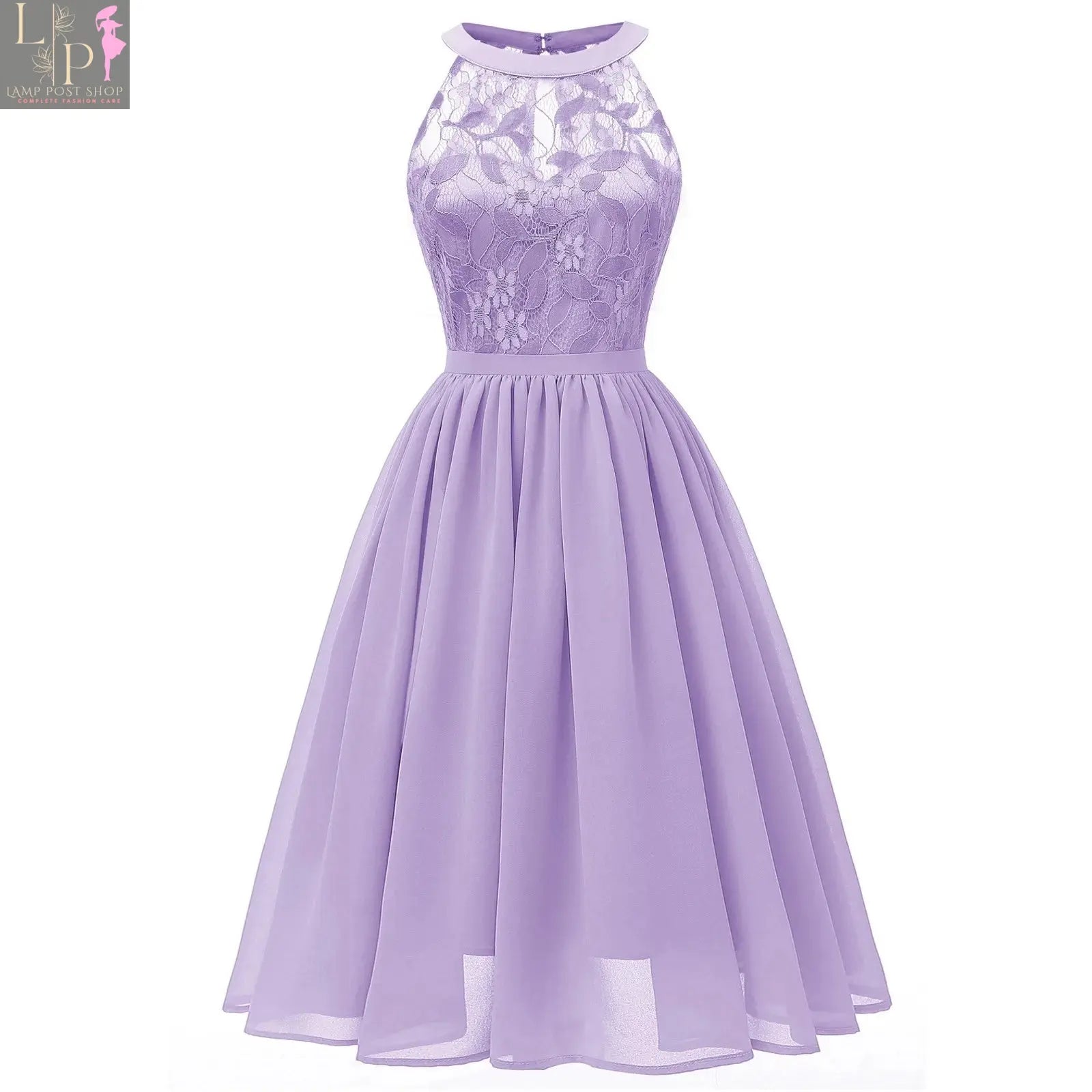 Elegant grey Lamp Post formal cocktail dress with lace patchwork, chiffon fabric, sleeveless halter design, knee-length swing style.
