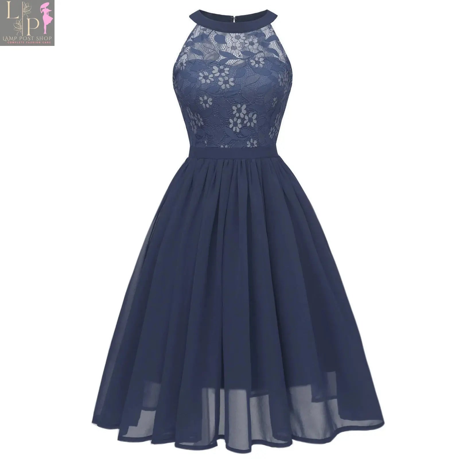 Elegant grey Lamp Post cocktail lace patchwork chiffon wedding guest dress, sleeveless halter, slim knee-length swing dress for summer.