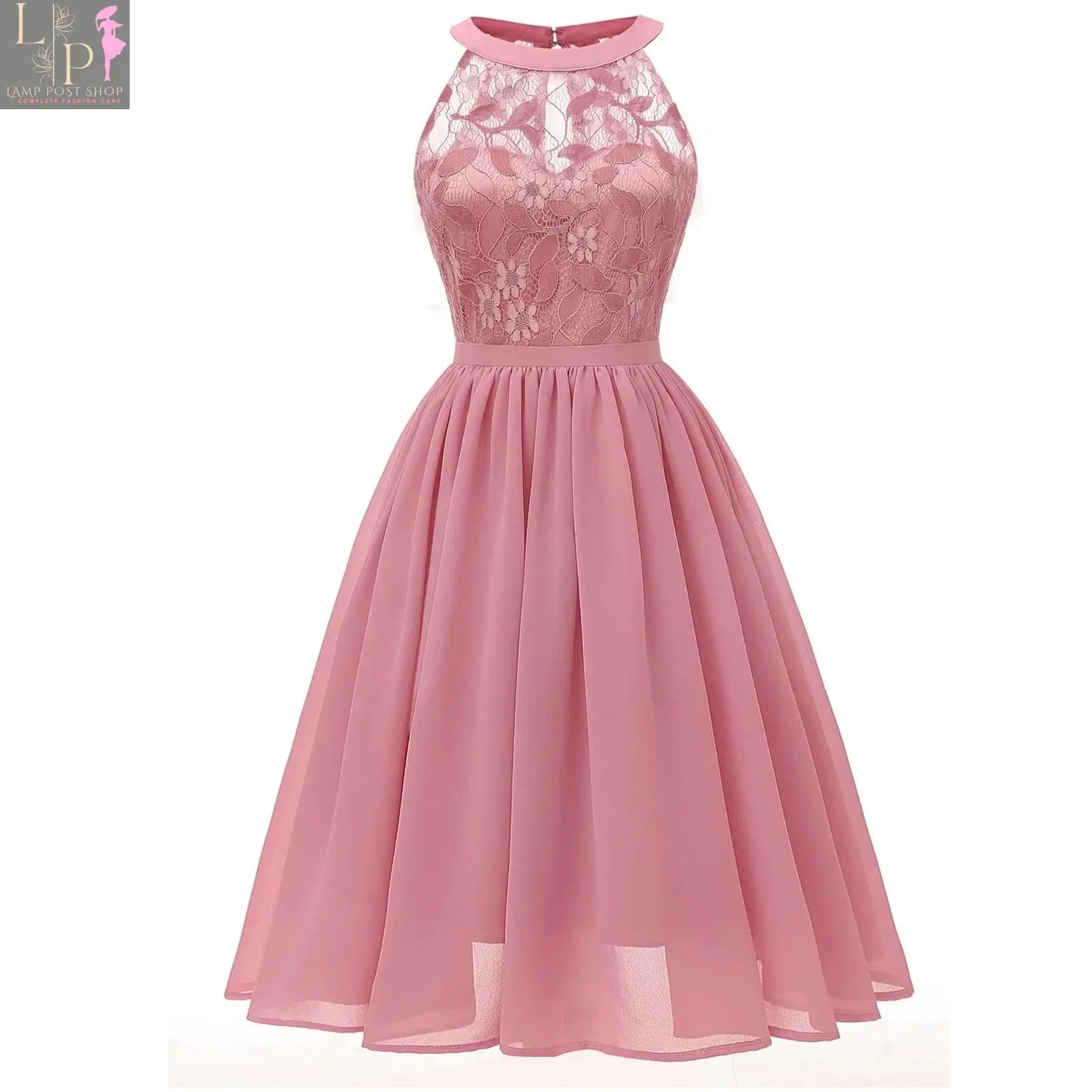 Lamp Post grey lace patchwork chiffon wedding guest dress, sleeveless halter, knee-length swing dress for summer events.