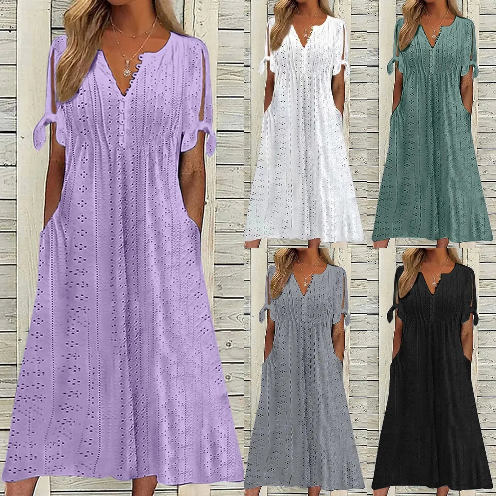 Elegant white party dress for ladies with hollow-out design, bow details, short sleeves, lace waist, and pockets by Lamp Post.