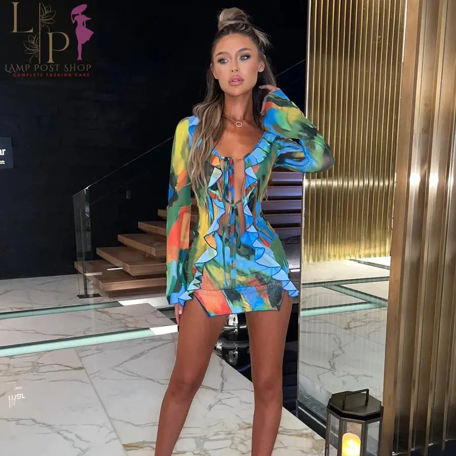 Orange mini women's dress with deep V-neck, lace-up front, long sleeves, split hem, perfect for summer beach or club parties.