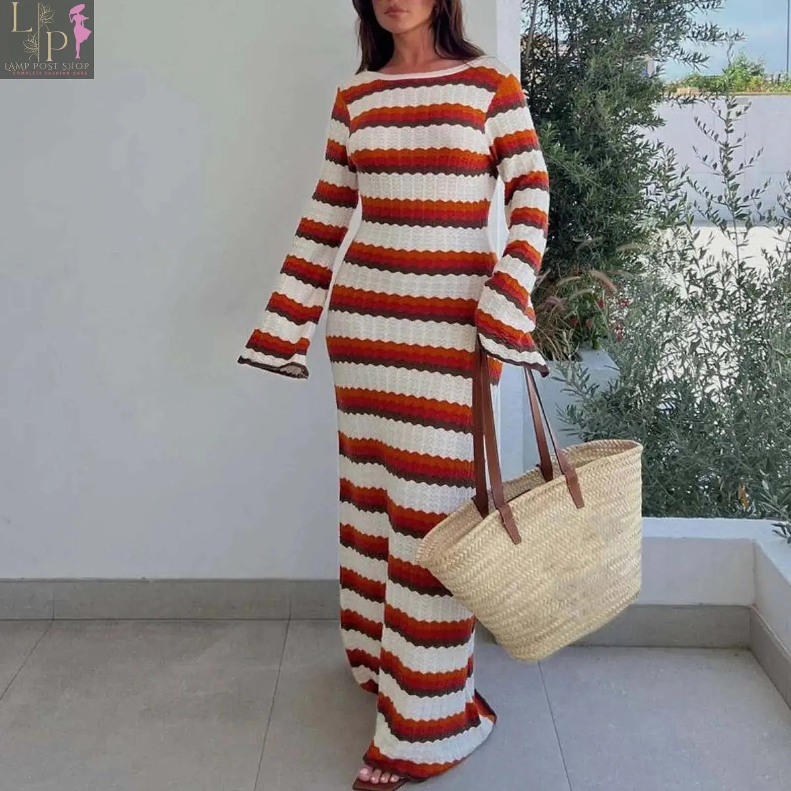 Women's striped contrast sweater dress by Lamp Post, long and stylish for beach vacations, autumn, and winter wear.