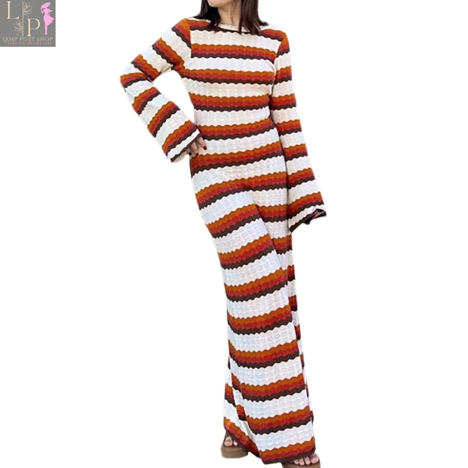 Women's striped contrast long sweater dress by Lamp Post, perfect for beach vacations and autumn or winter wear.