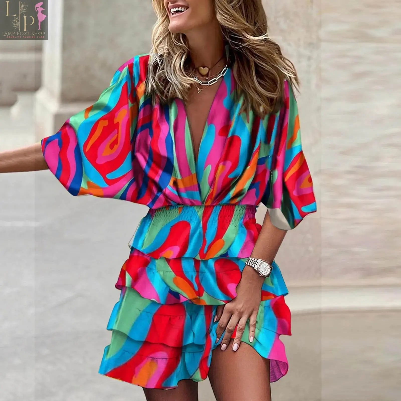 Orange Lamp Post spring summer short dress for women, casual clothing with short sleeves and a relaxed fit.