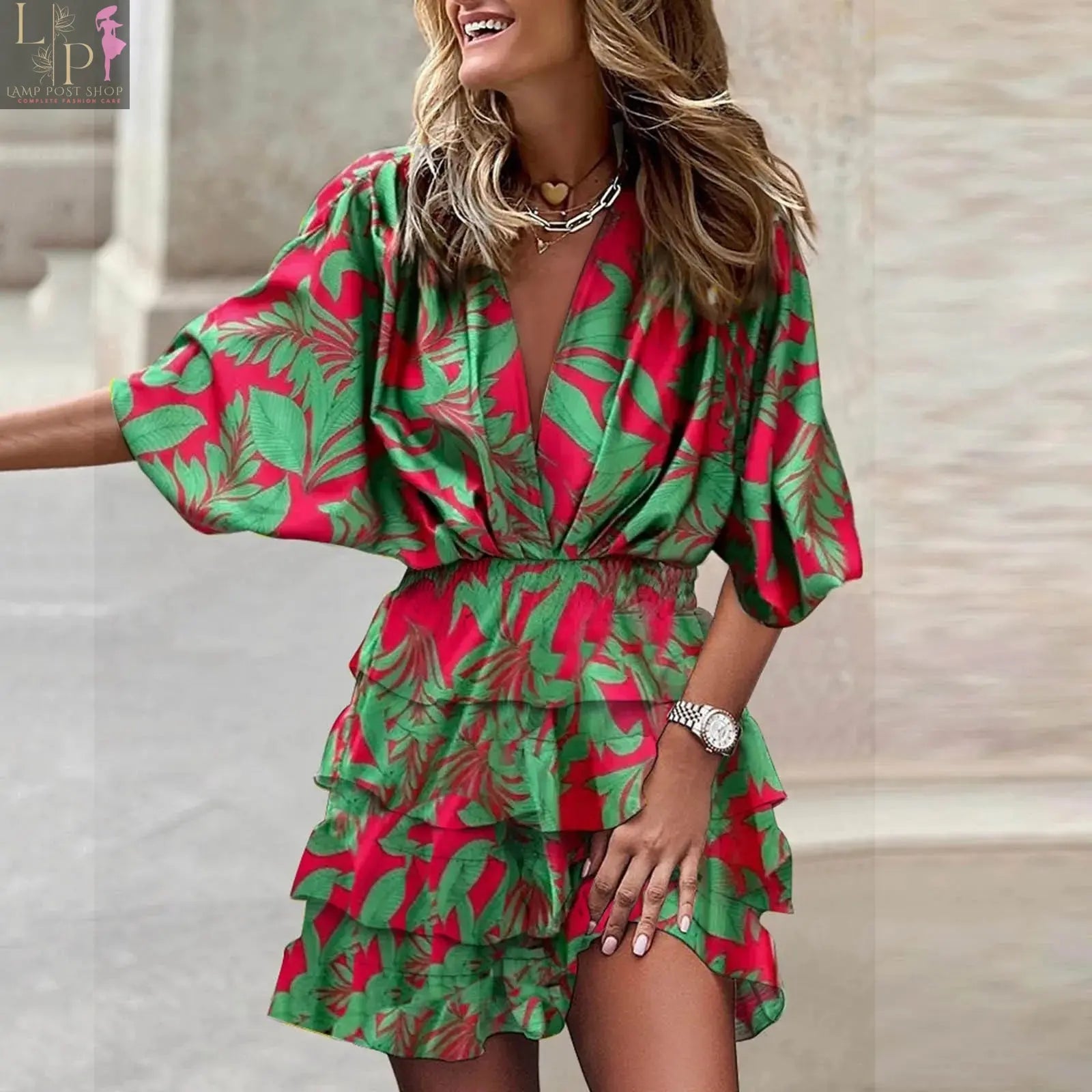 Orange Lamp Post spring summer short dress for women, lightweight clothing with a casual fit and short sleeves.