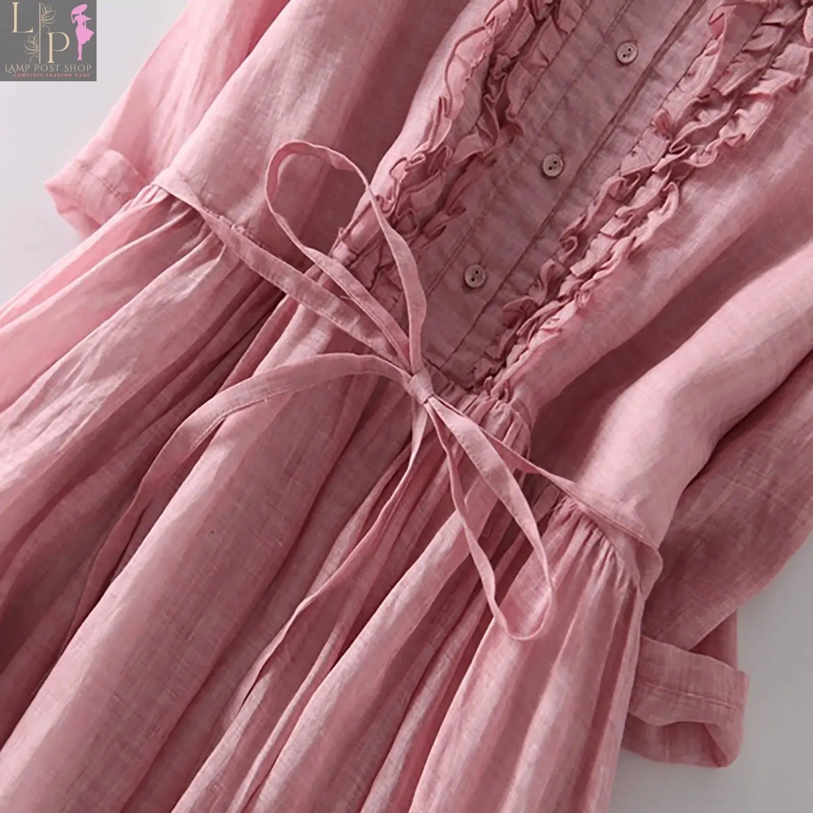 Pink summer dress for women, casual loose shirt dress by Lamp Post, vintage cotton linen with short sleeves.