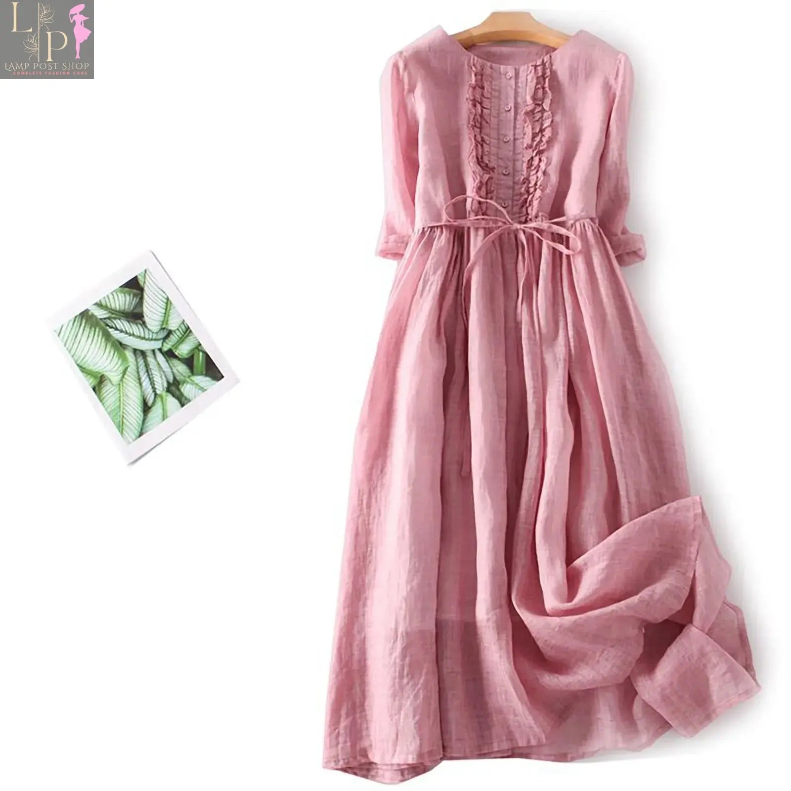Pink summer dress for women by Lamp Post, casual loose shirt dress with short sleeves, vintage cotton and linen fabric.