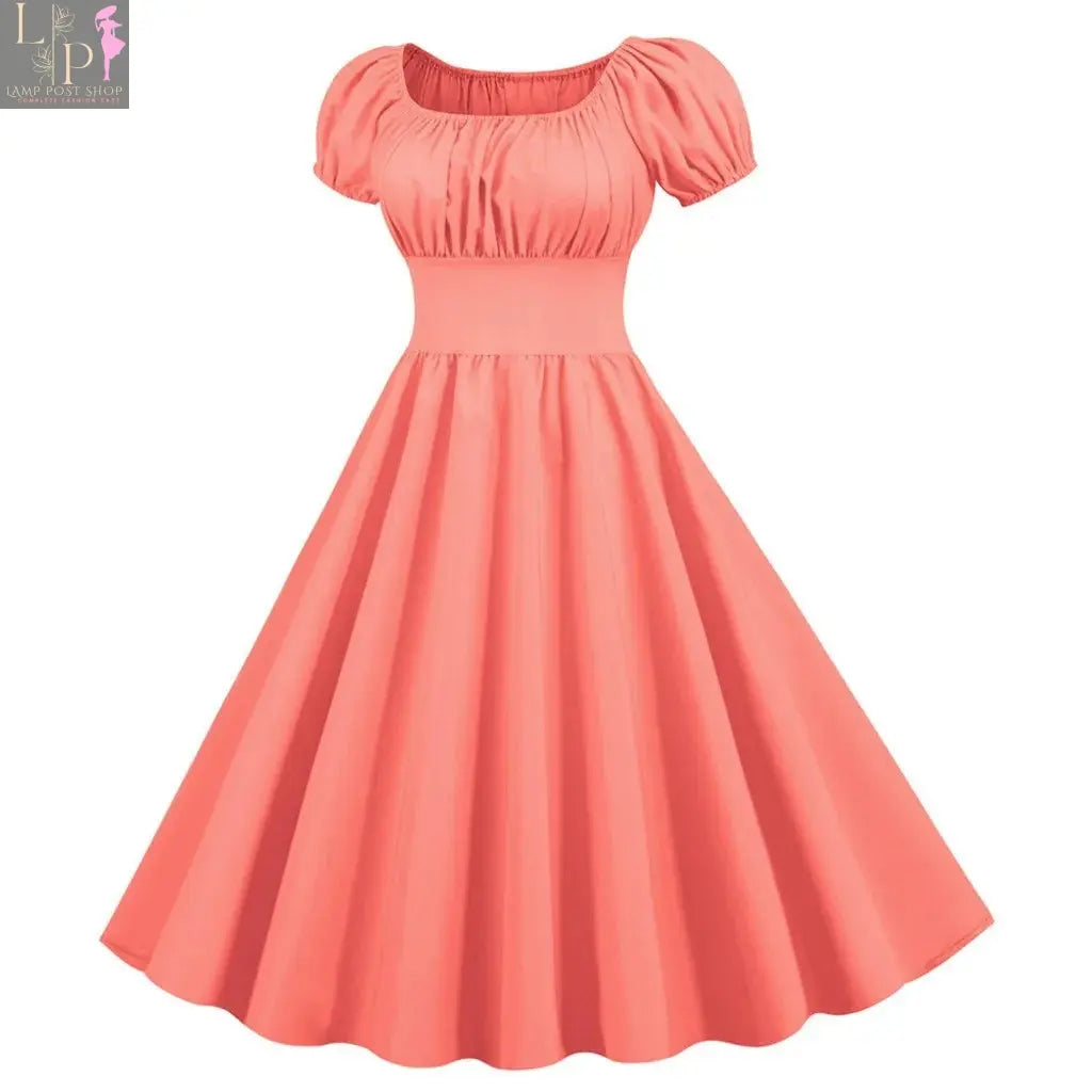 Lamp Post women's summer dress featuring a V-neck, vintage swing style, midi length, elegant retro design, perfect for parties and evenings.