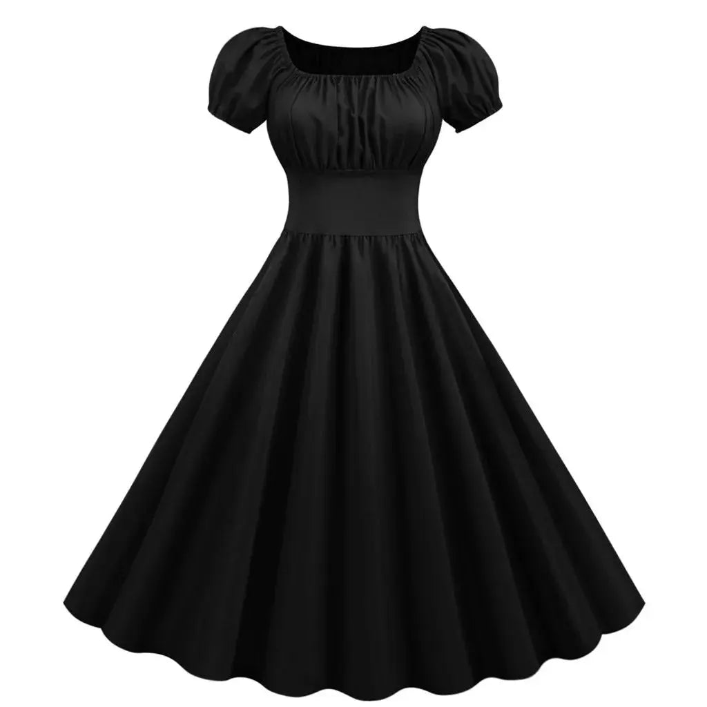 Lamp Post women's summer dress with V-neck, vintage swing style, midi length, elegant retro design for pin-up and evening occasions.