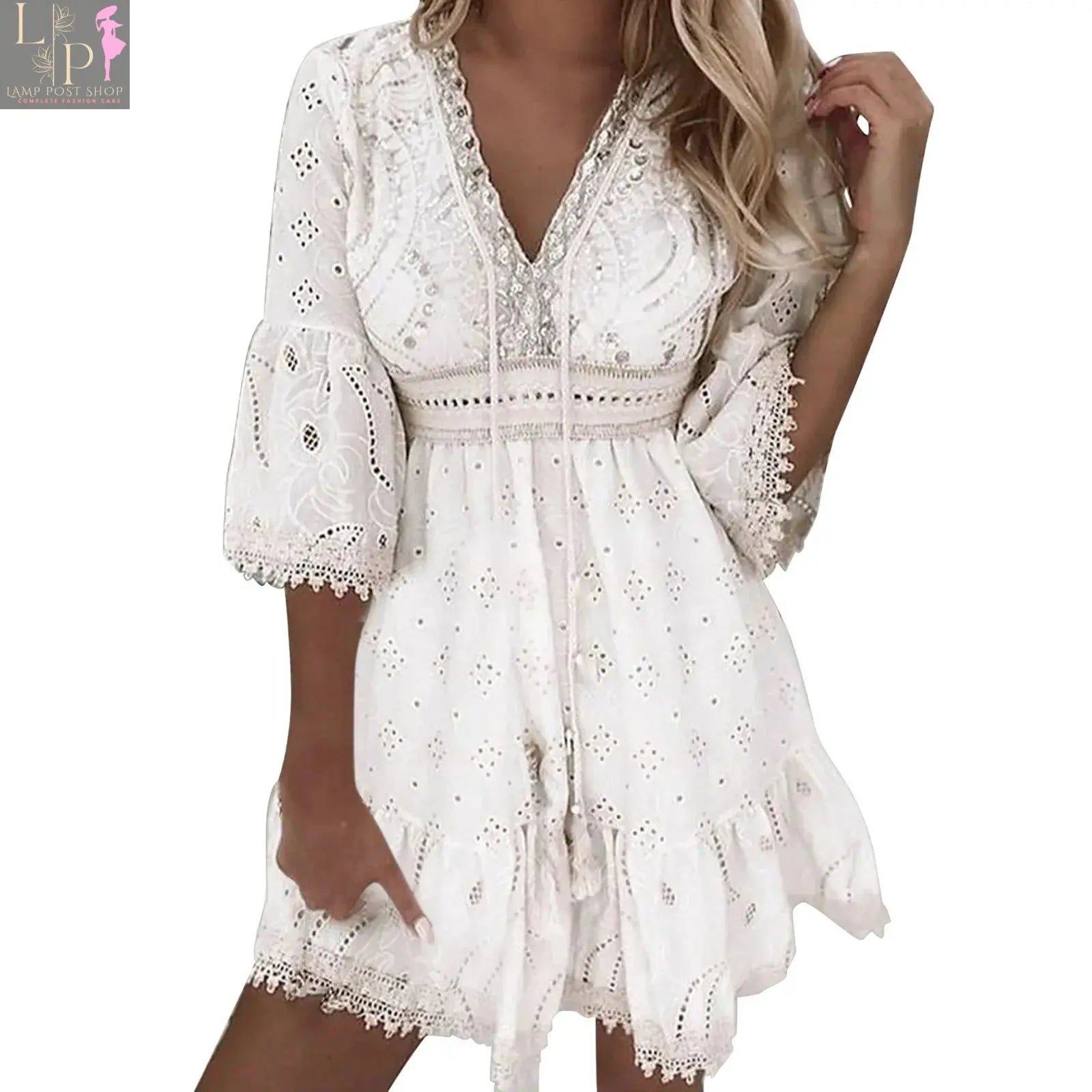 White lace crochet summer dress for women, short sleeve, lightweight cotton, beach sundress, by Lamp Post.
