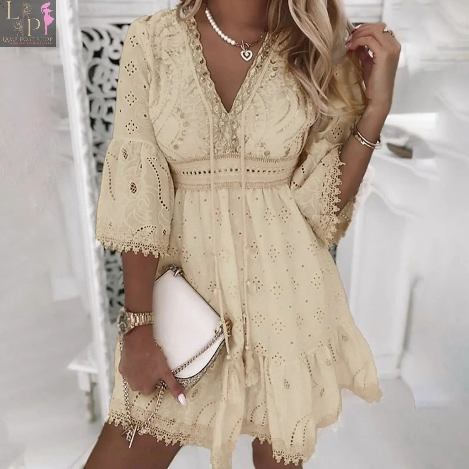 White crochet lace summer dress for women, short sleeve, lightweight cotton, beach sundress, by Lamp Post.