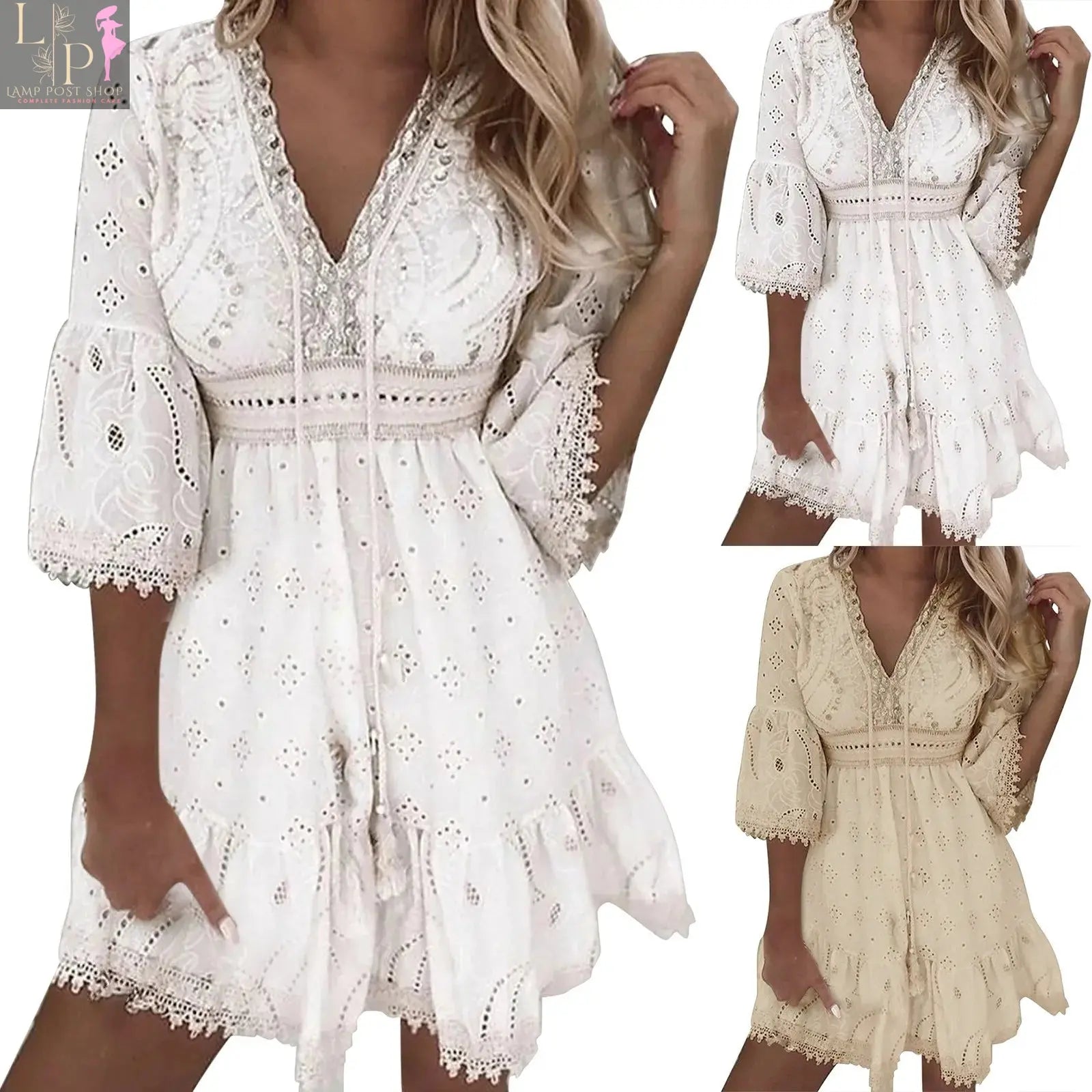 White cotton summer dress for women by Lamp Post featuring lace, crochet detailing, short sleeves, perfect for the beach or casual wear.
