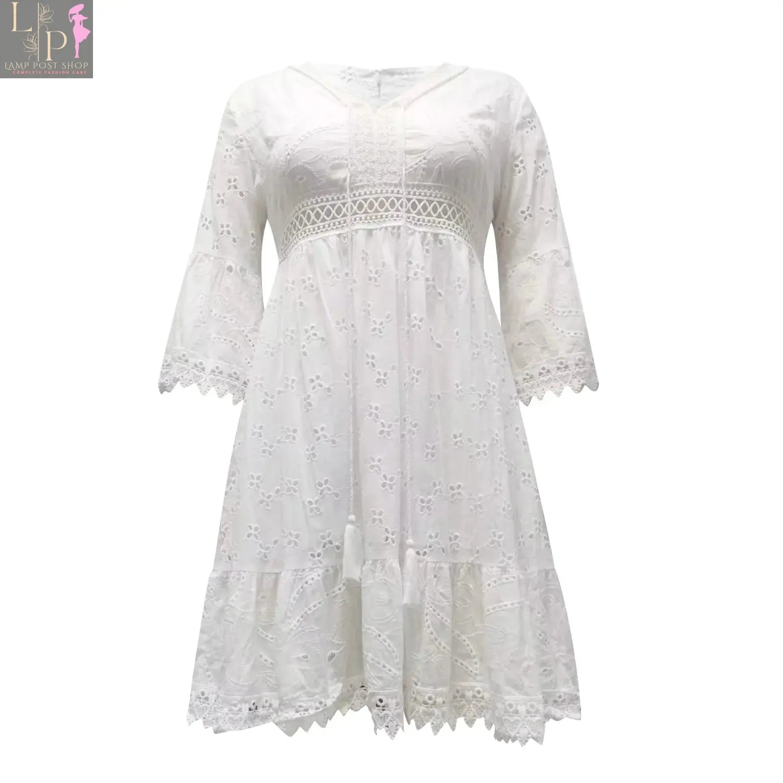 White lace crochet summer dress for women by Lamp Post, short-sleeve cotton beach sundress with hollowed design.