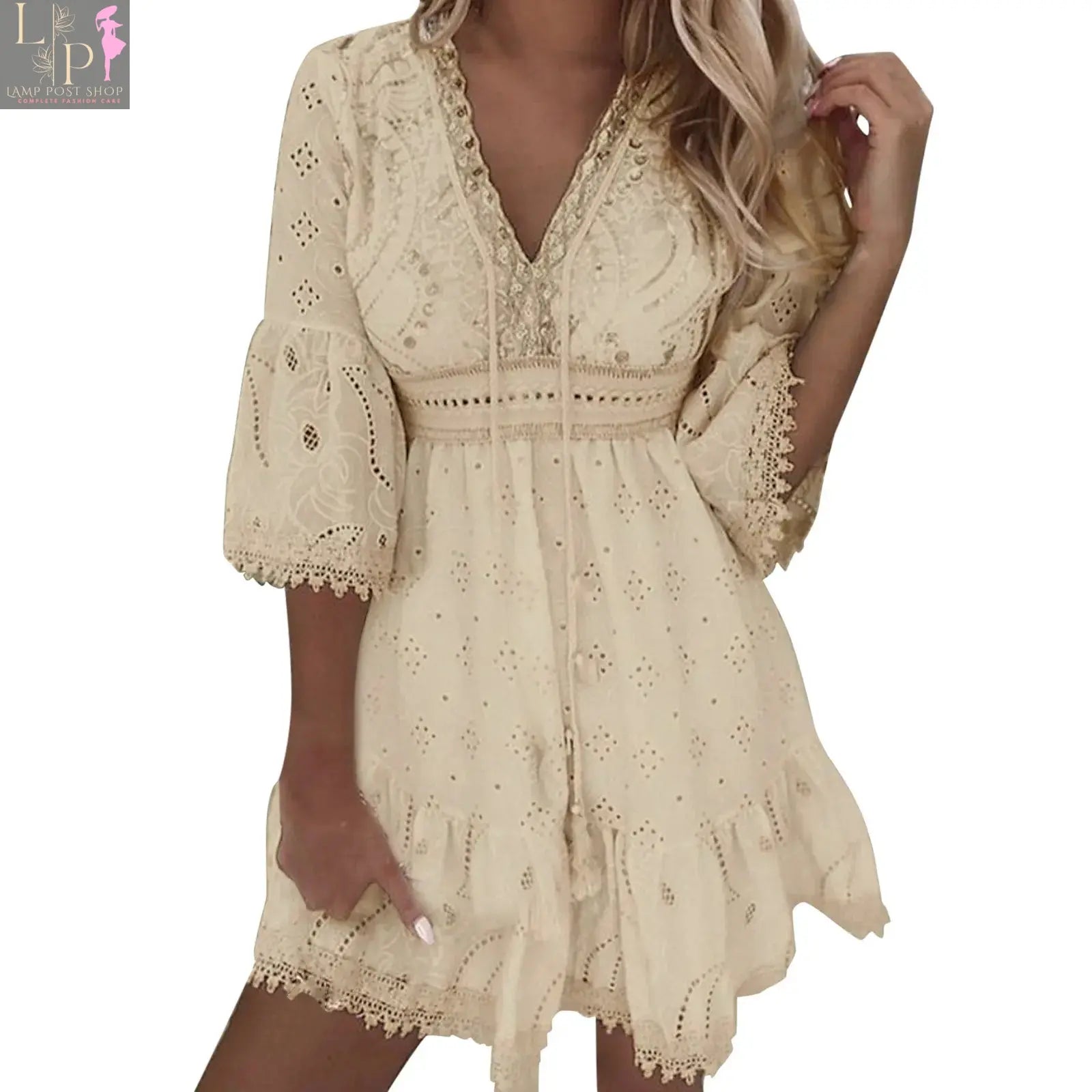 White lace crochet summer dress for women by Lamp Post, short sleeve cotton beach sundress with hollowed design.