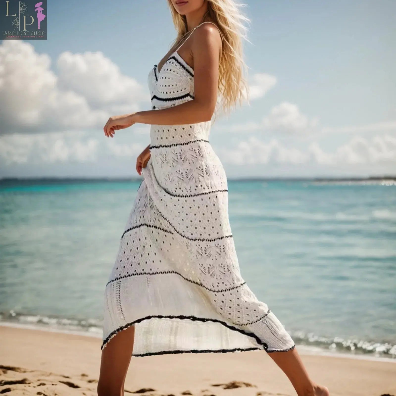 Women's white knit spaghetti strap long dress by Lamp Post, perfect for spring and summer beach occasions.