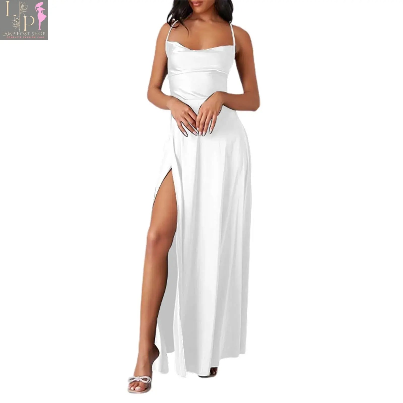 Women’s white summer dress from Lamp Post, sleeveless pleated tank top, backless design, long length, lace-up style.