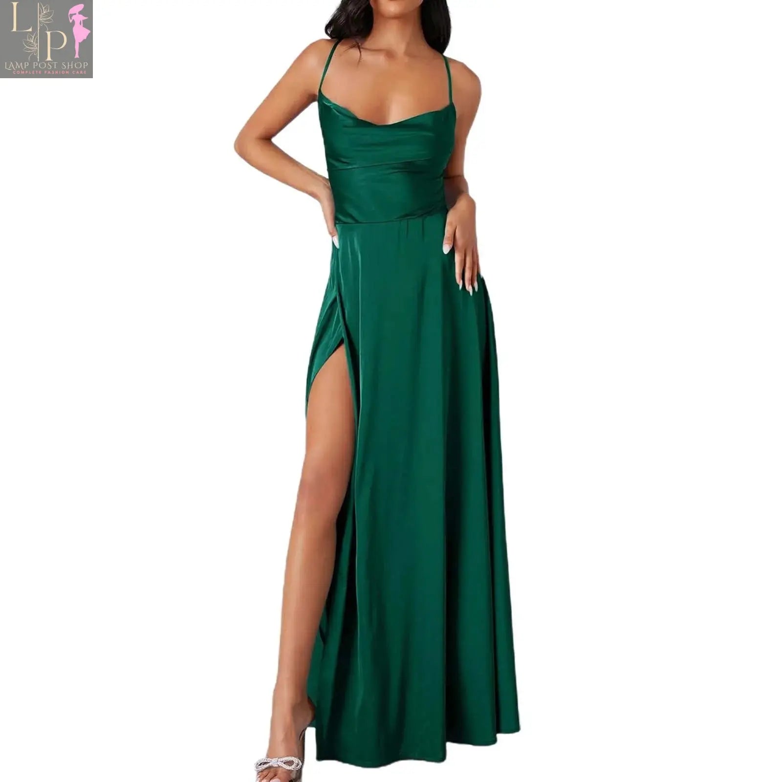 White women's summer sleeveless pleated tank dress by Lamp Post, backless design with lace-up detail, long flowing silhouette.