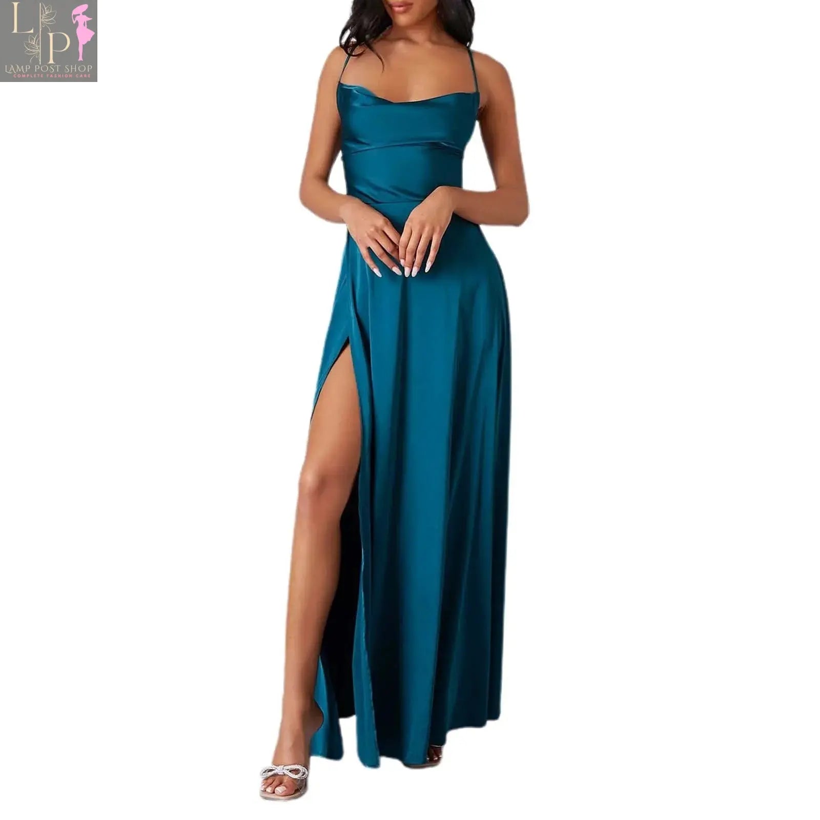 White Lamp Post women's summer sleeveless pleated tank dress with backless design and lace-up detail, long and flowy.