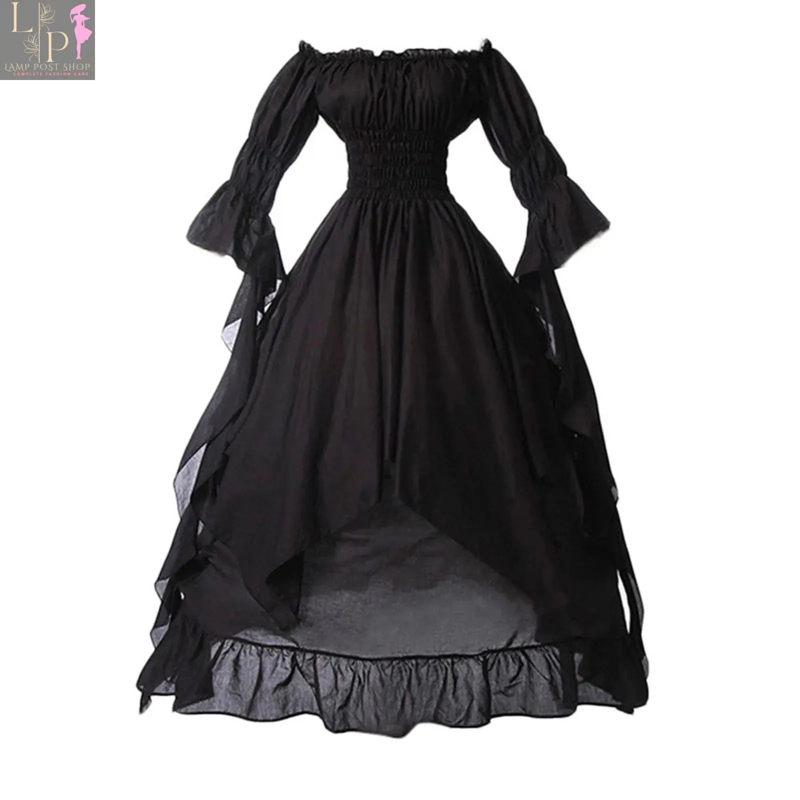 Black Victorian Gothic dress with ruffles, elegant Renaissance style gown for women, suitable for cosplay, Halloween, and parties.