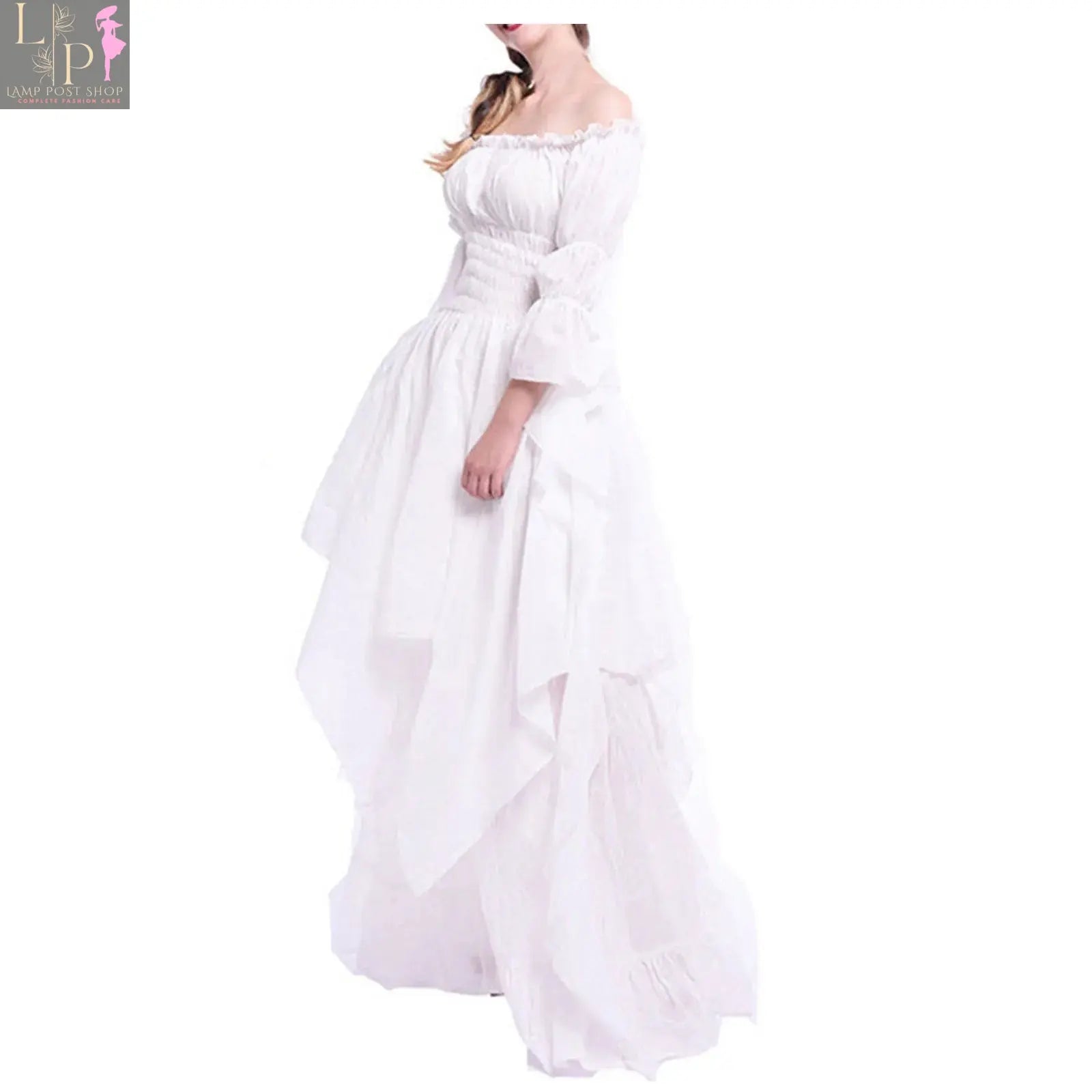 Black Gothic Victorian dress with ruffles, medieval renaissance style, suitable for cosplay, Halloween, and gothic parties.