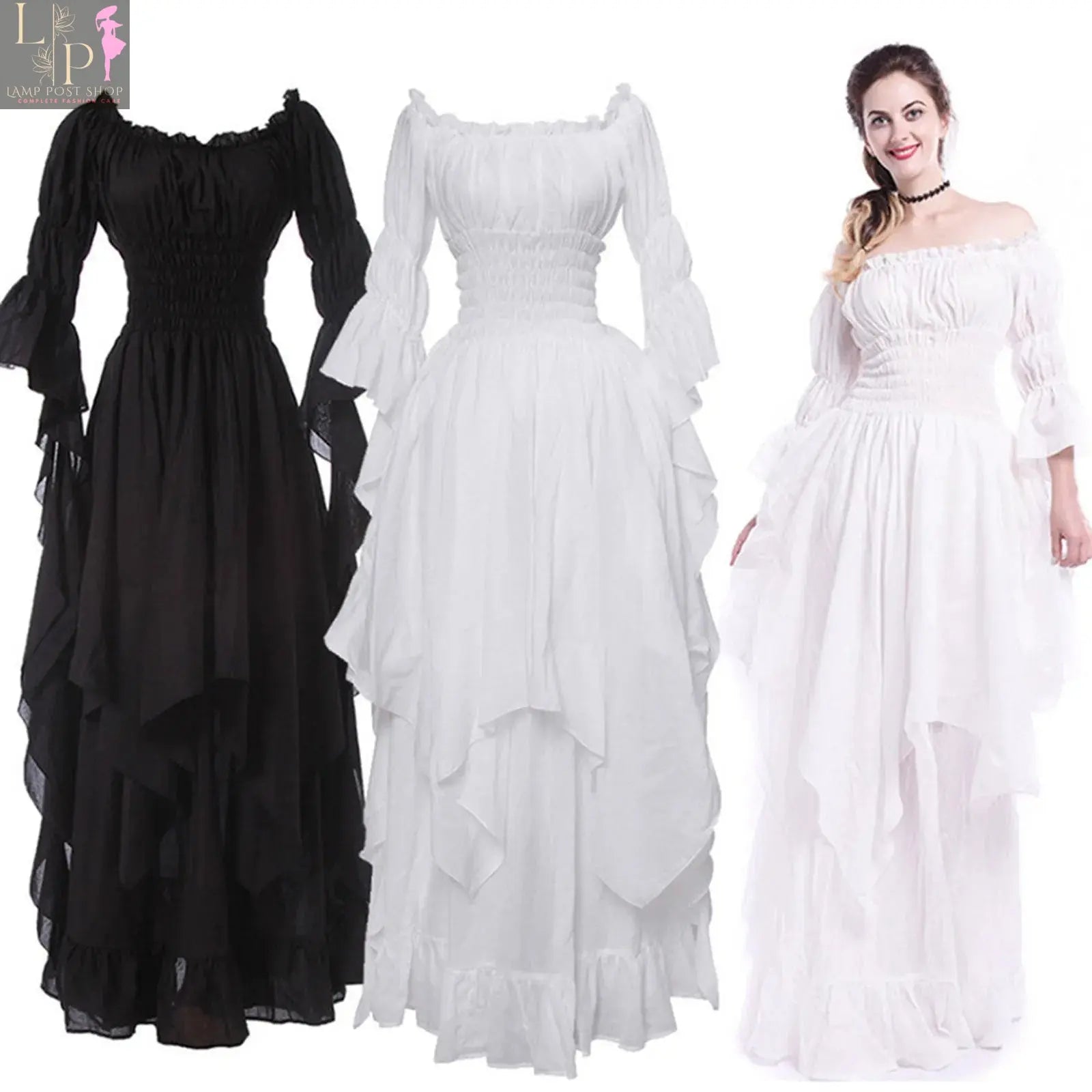 Black Gothic Victorian dress by Lamp Post with ruffles, perfect for cosplay, Halloween, or Renaissance-themed events, in 5XL size.