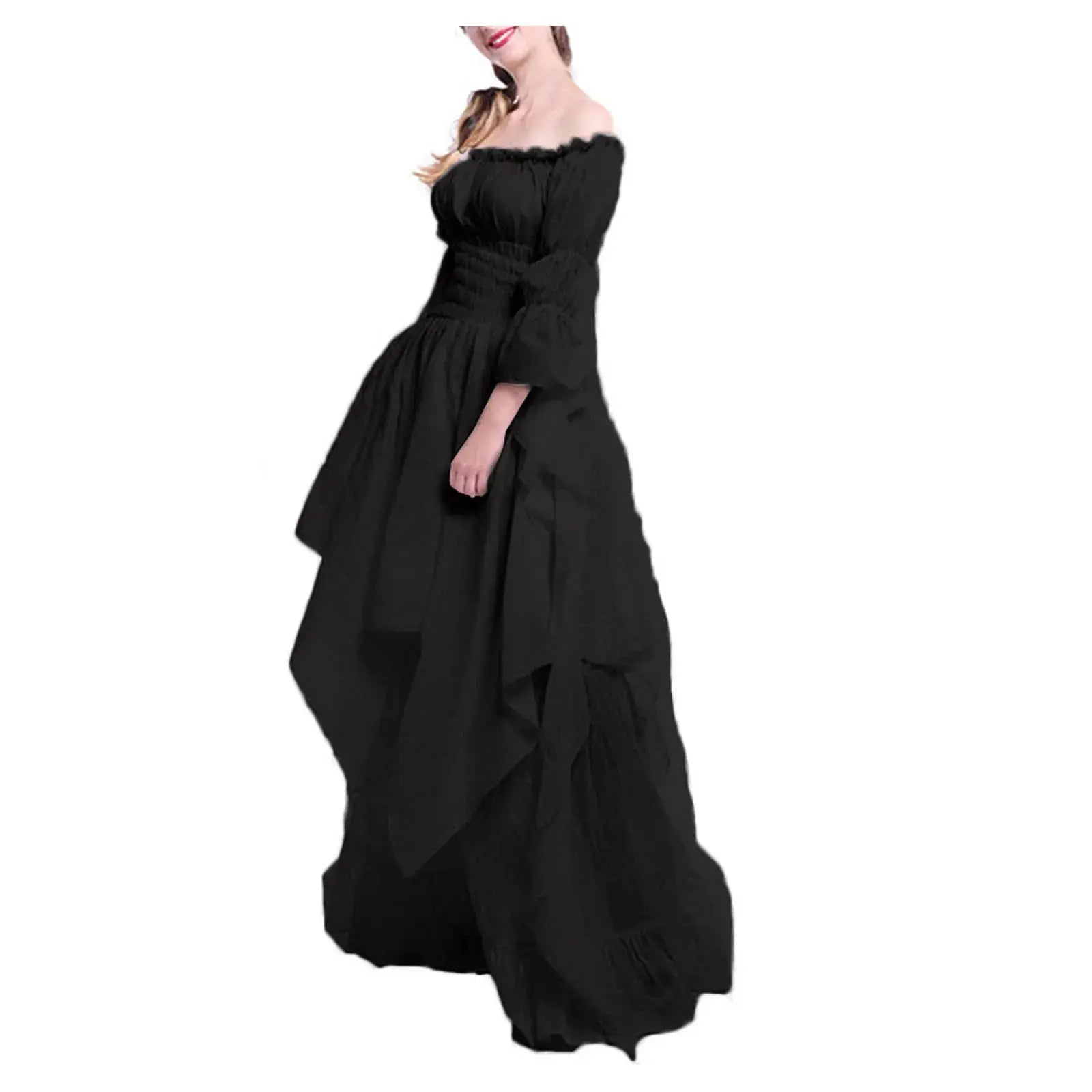 Black Gothic Victorian dress by Lamp Post with ruffles, suitable for cosplay, Halloween, or Renaissance-themed events, in size 5XL.