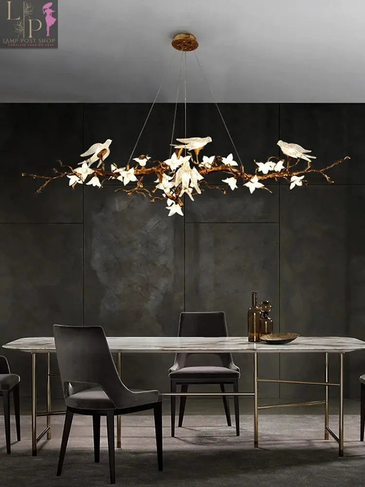 Copper LED chandelier with artistic swallow design, branch shape, ideal for restaurants or living rooms, by Lamp Post.