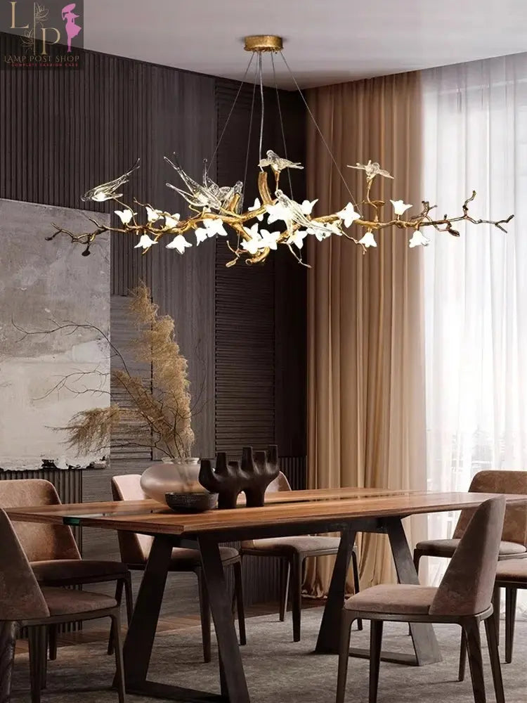 Lamp Post LED copper chandelier with artistic swallow branch design, ideal for luxury restaurant, tea room, or living room lighting.