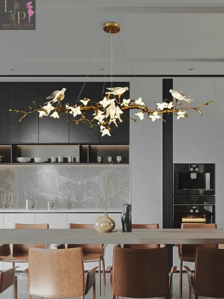 Lamp Post LED copper chandelier with swallow design, artistic branch shape, ideal for restaurant or living room lighting.