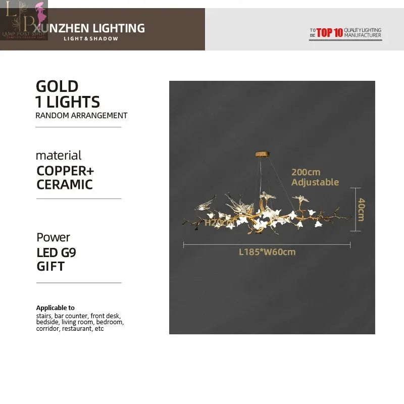 Lamp Post LED copper chandelier with branch design, artistic swallow-shaped lighting ideal for living rooms and restaurants.