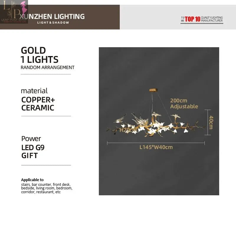 Copper LED chandelier by Lamp Post featuring artistic swallow and branch design, ideal for restaurant or living room lighting.