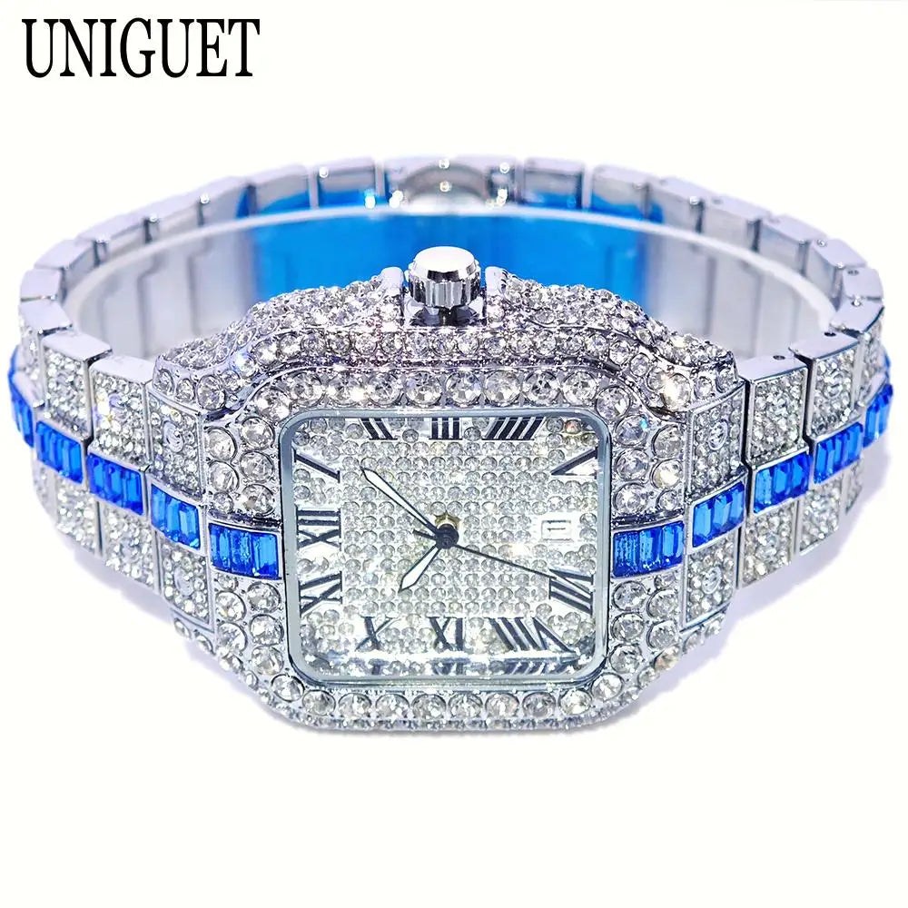 Silver-green men's iced out diamond hip hop quartz watch by Lamp Post featuring full diamond accents and stylish design