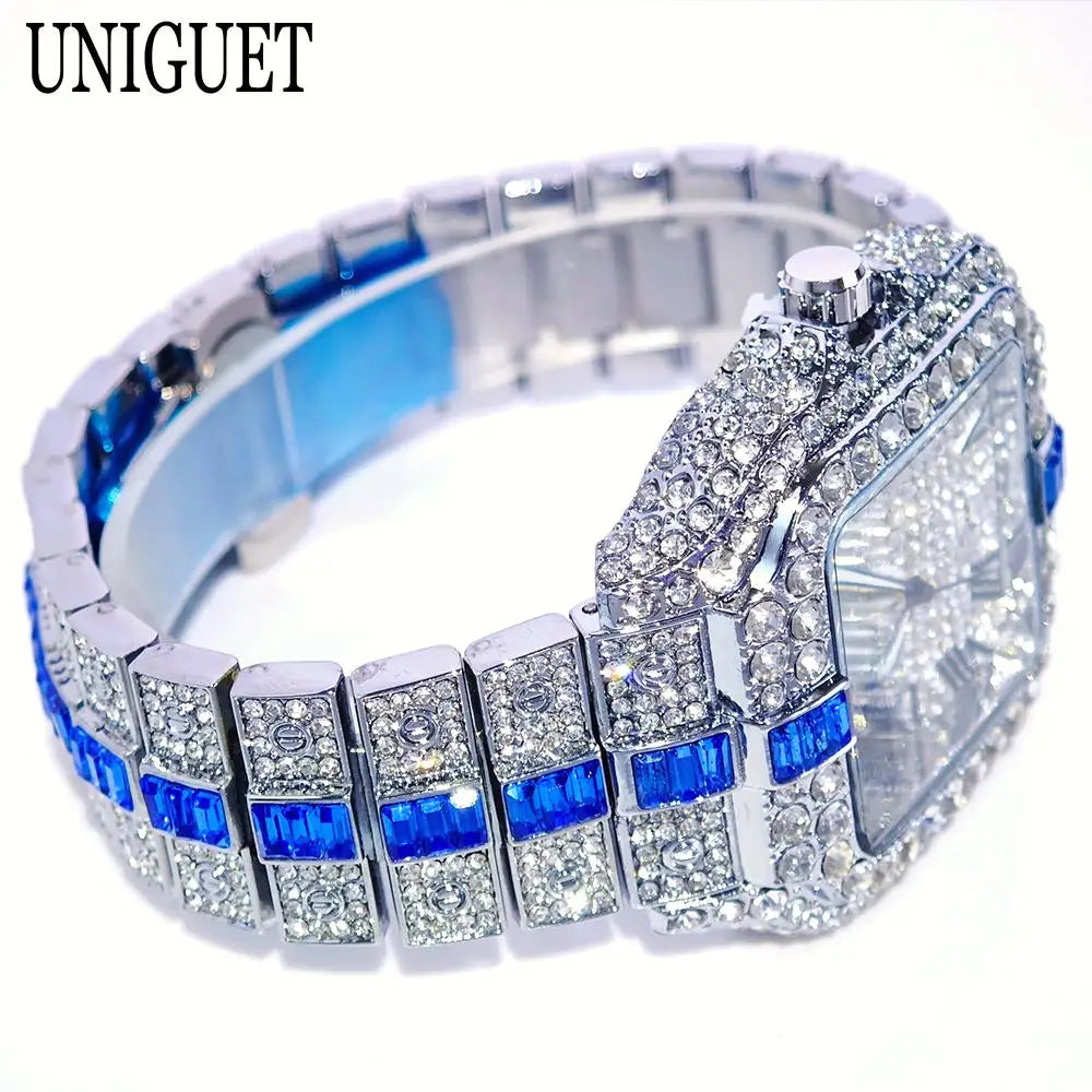 Silver-green men's iced out watch by Lamp Post with full diamonds, hip hop style, quartz movement, and bold design.