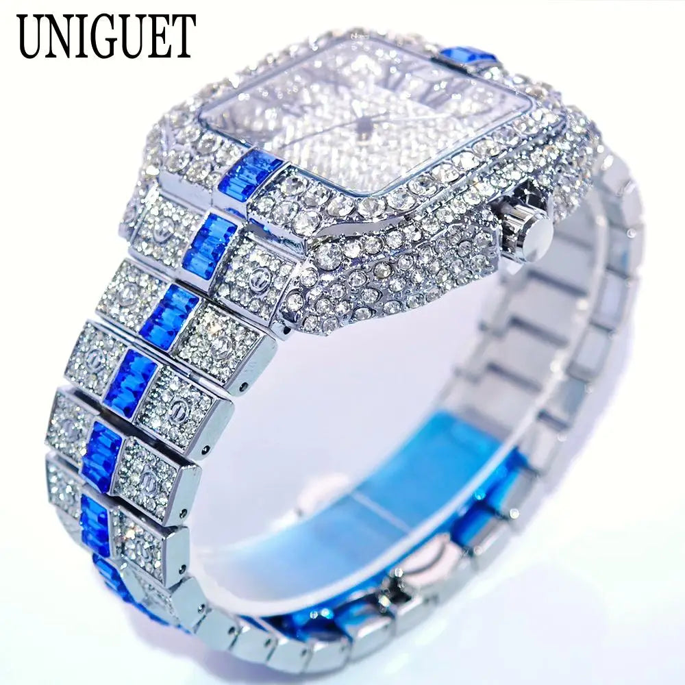 Silver-green men's iced out diamond hip hop watch by Lamp Post featuring full diamond accents and quartz movement.