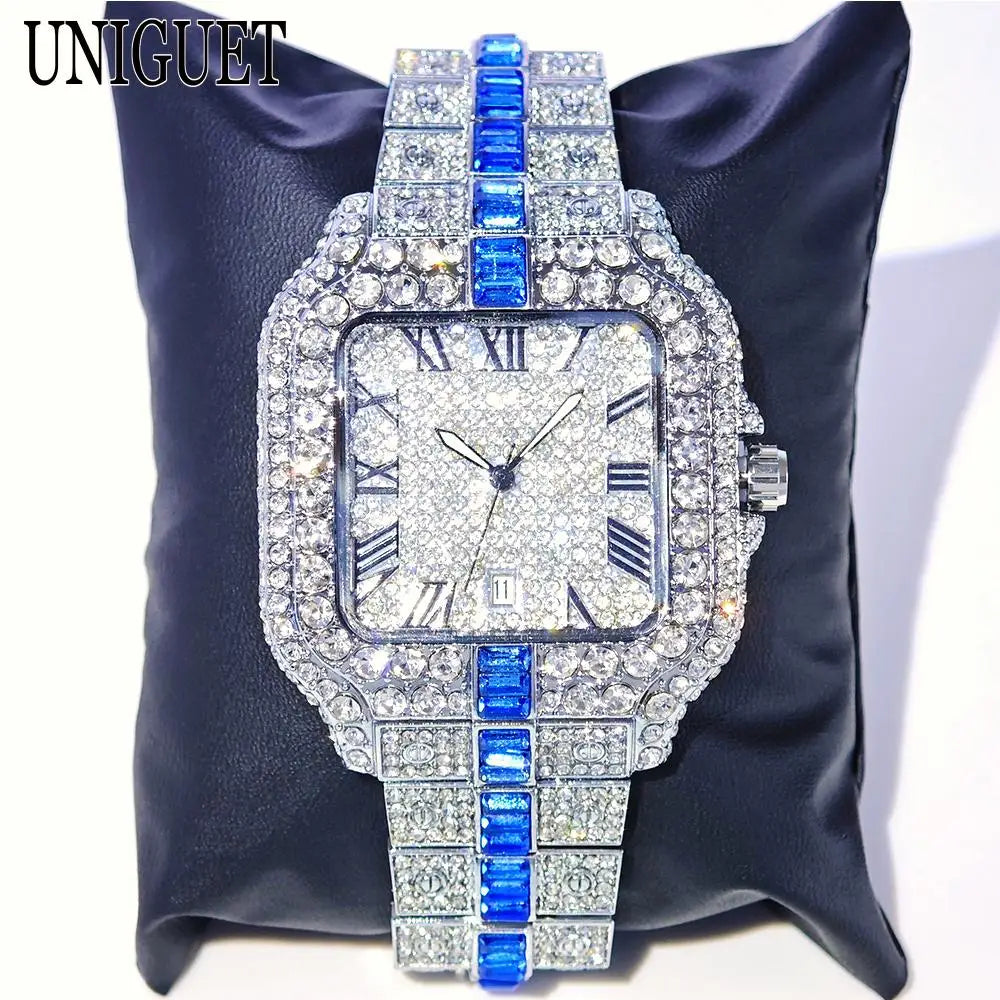 Silver-green men's iced out diamond hip hop watch by Lamp Post, featuring a full diamond design and quartz movement.