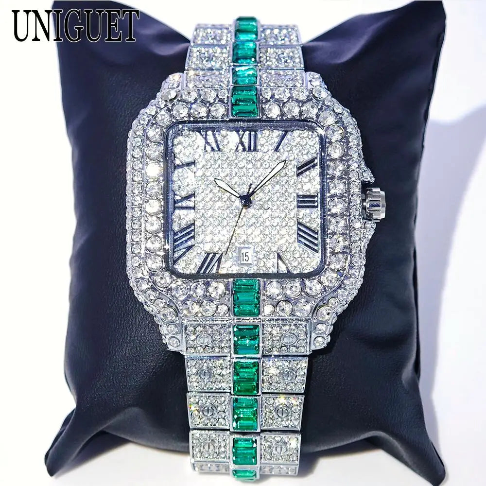 Silver and green iced out men's watch by Lamp Post featuring full diamond accents and a quartz movement.
